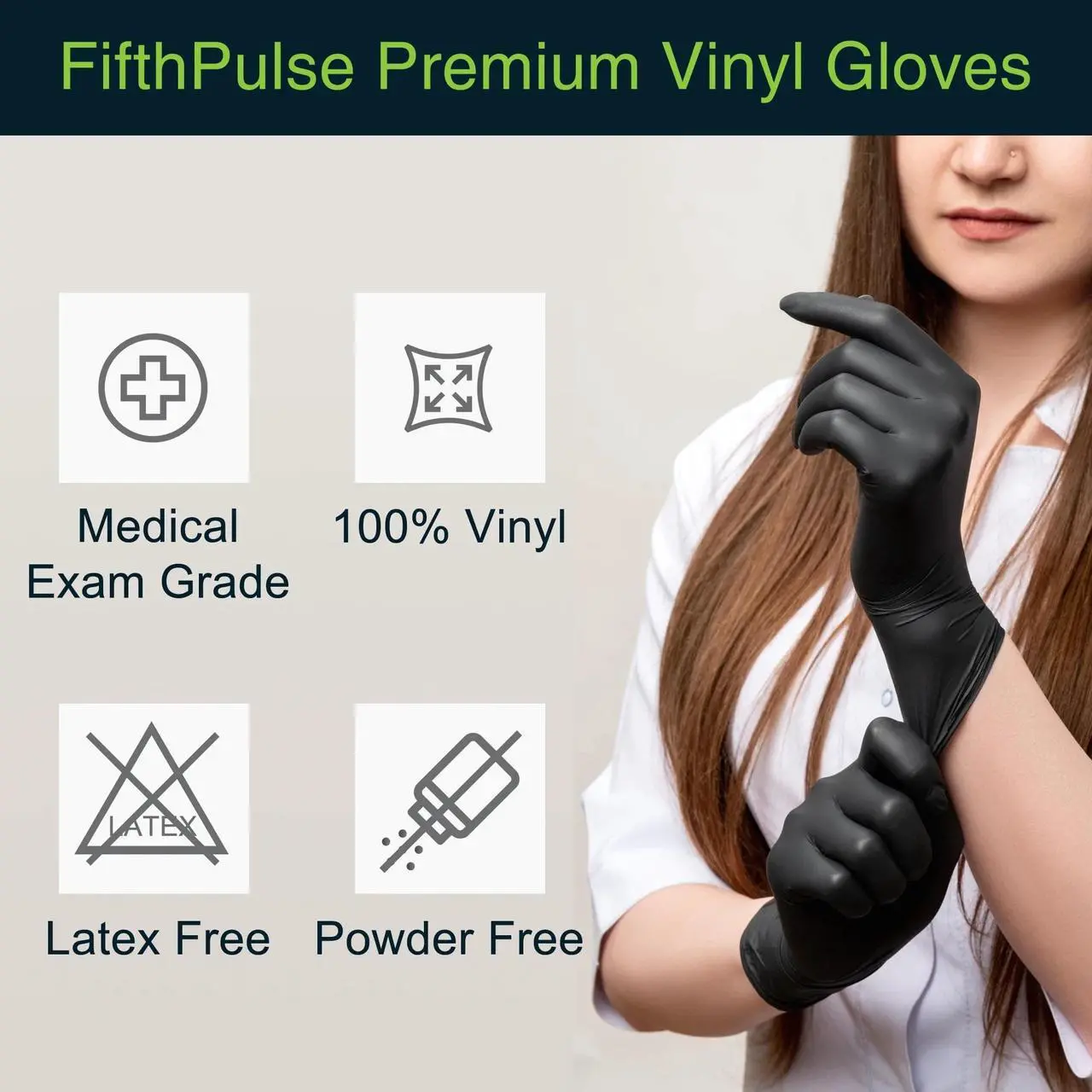 Alt view image 6 of 6 - Fifth Pulse Vinyl Exam Latex Free & Powder Free Gloves - Black - Box of 50 Gloves (Large) Black 50pcs X - Large