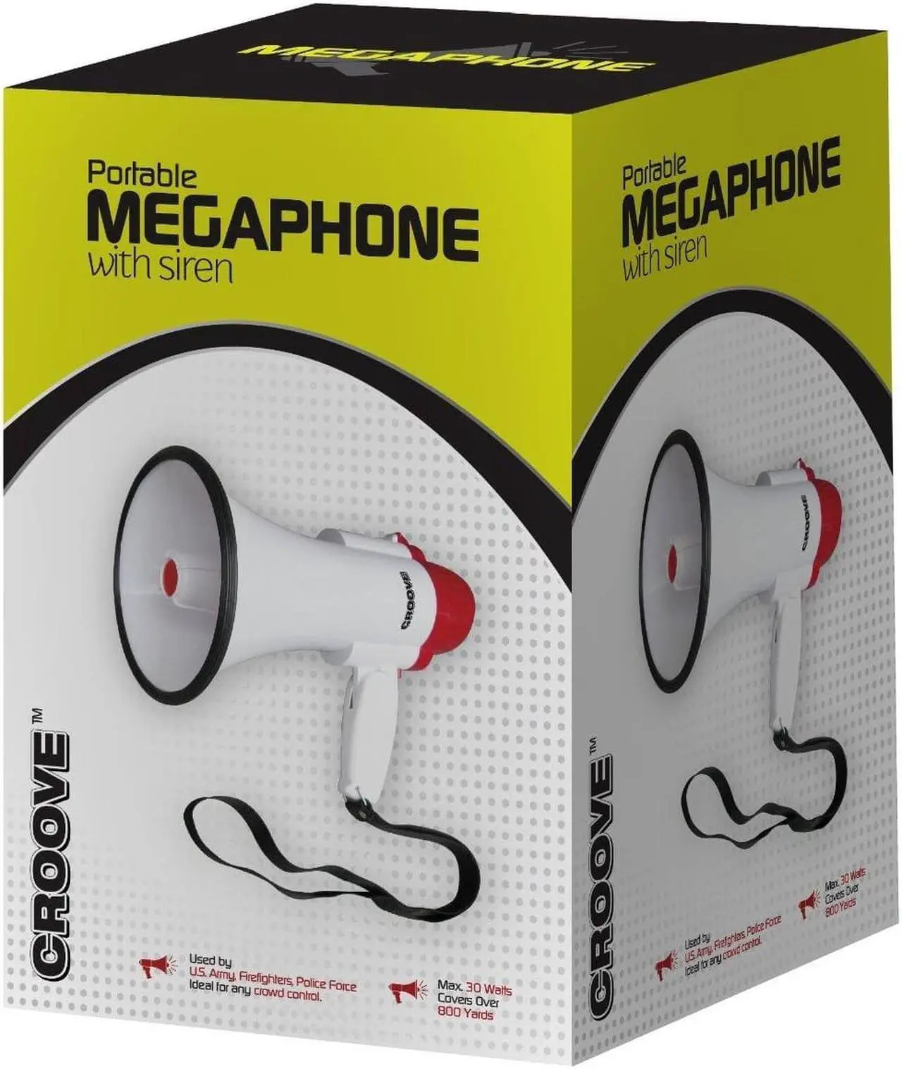 Alt view image 4 of 6 - Croove Portable 30 Watt Bullhorn/Megaphone with Siren & Cheering - 800 Yard Range - Powerful and Lightweight - White