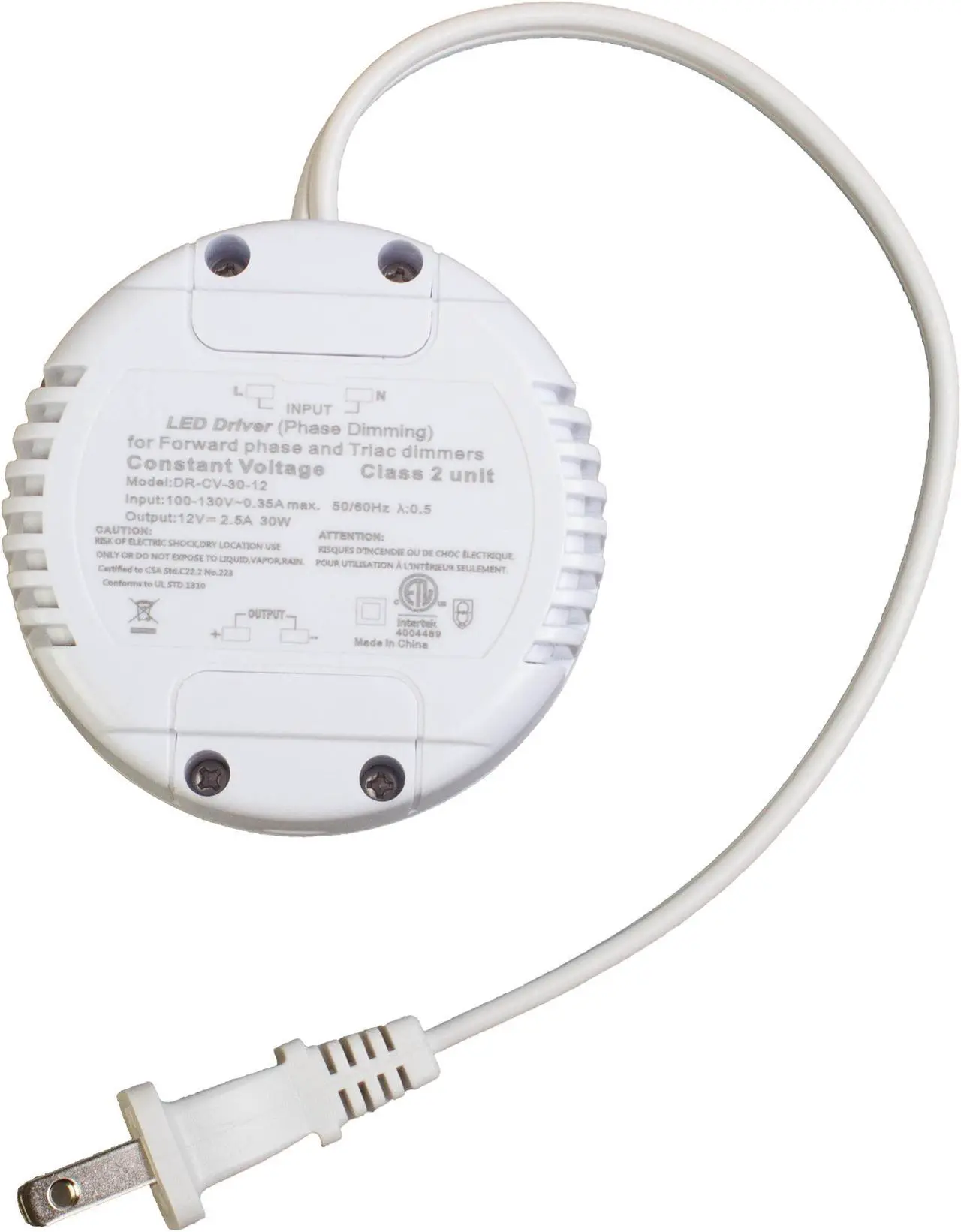 Main image of Dimmable LED Driver, 12v 30w Power Supply, Round Shape 2.5A, AC 100v-130v to DC Class 2 Triac ETL Listed for LED Light Strip Module