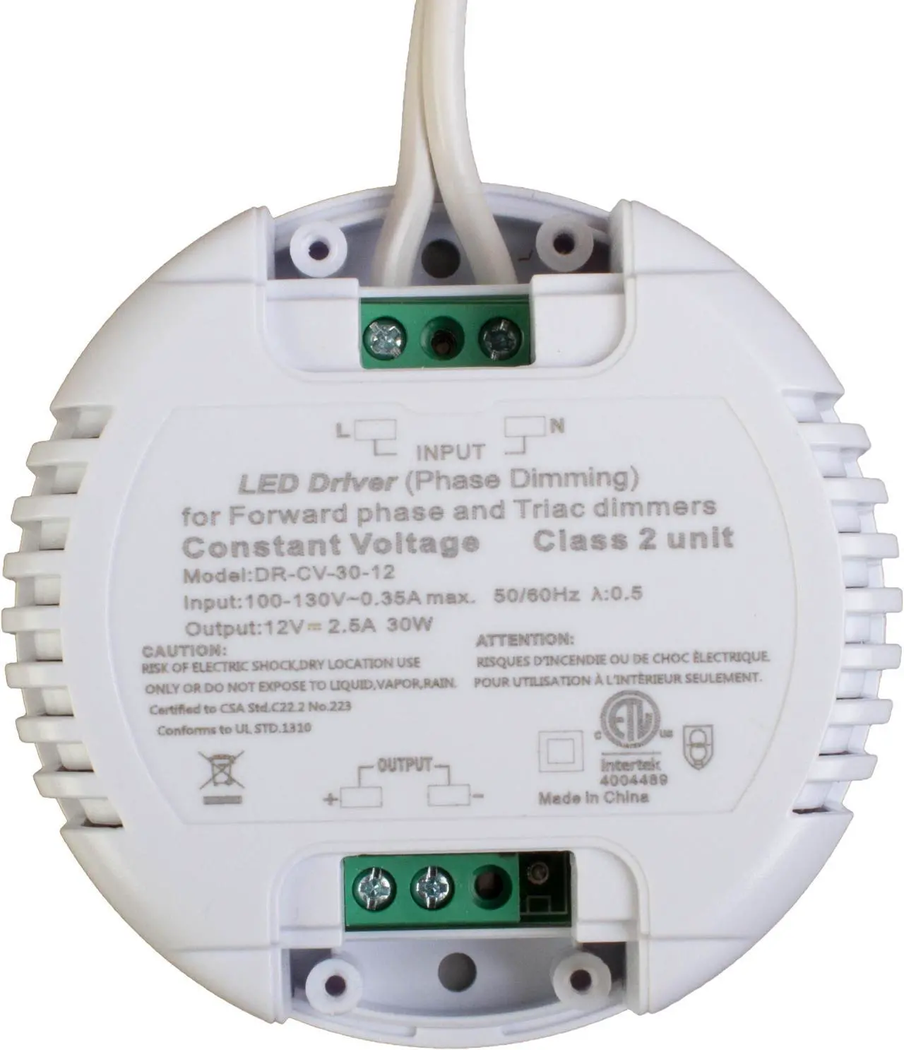 Alt view image 2 of 6 - Dimmable LED Driver, 12v 30w Power Supply, Round Shape 2.5A, AC 100v-130v to DC Class 2 Triac ETL Listed for LED Light Strip Module