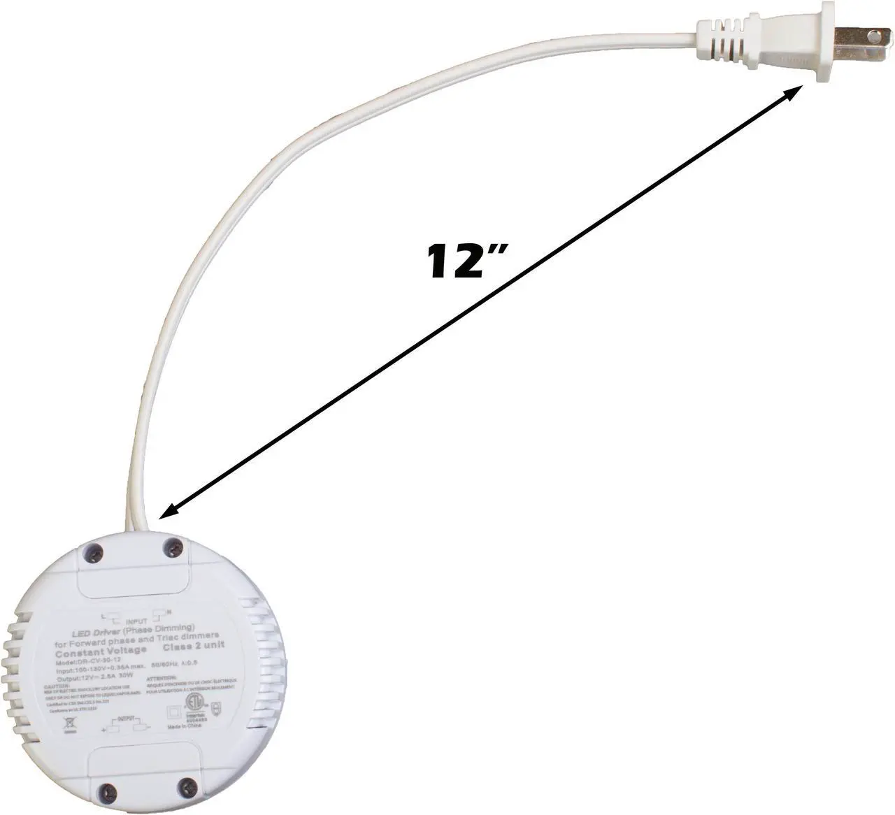 Alt view image 5 of 6 - Dimmable LED Driver, 12v 30w Power Supply, Round Shape 2.5A, AC 100v-130v to DC Class 2 Triac ETL Listed for LED Light Strip Module