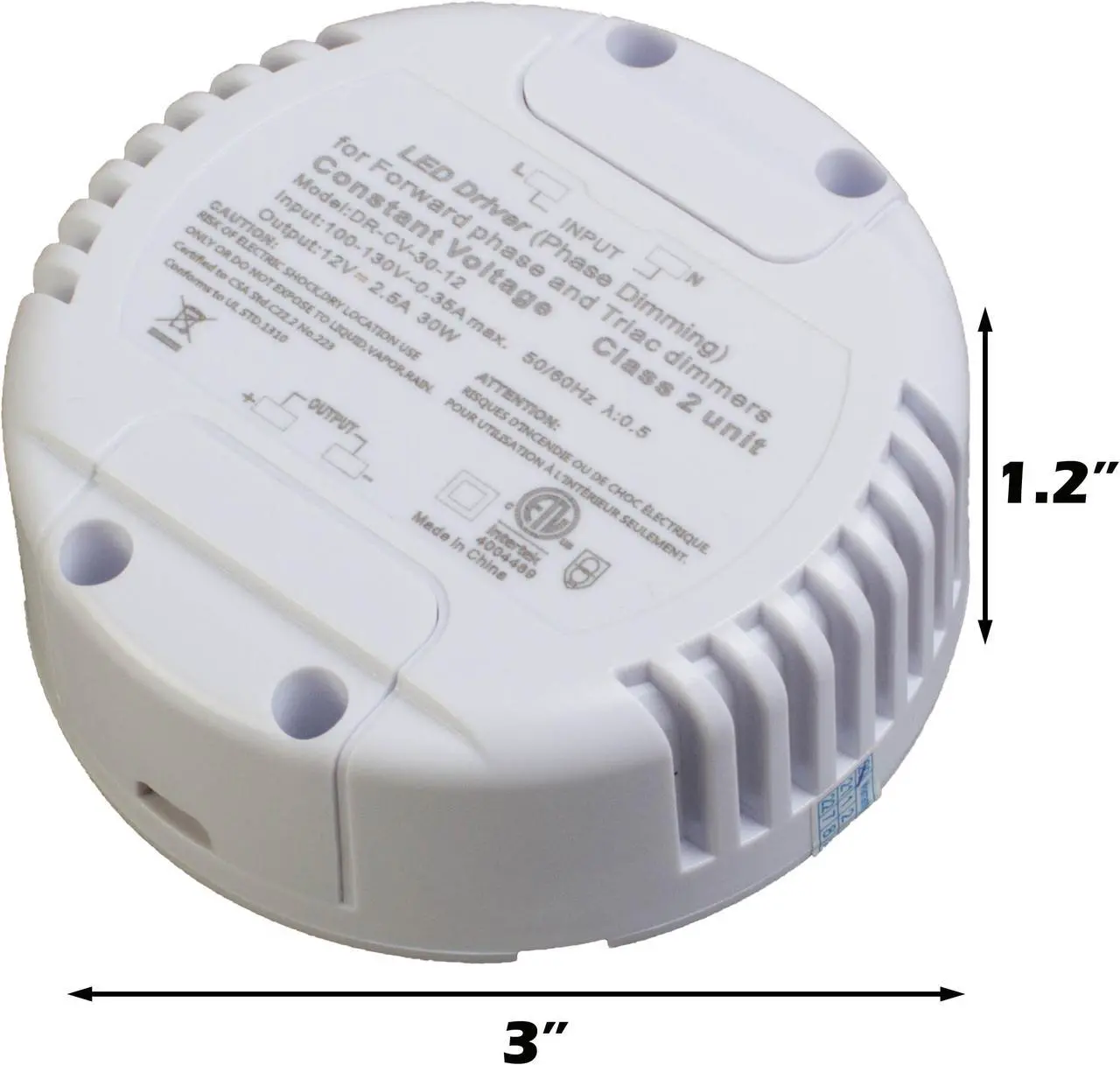 Alt view image 6 of 6 - Dimmable LED Driver, 12v 30w Power Supply, Round Shape 2.5A, AC 100v-130v to DC Class 2 Triac ETL Listed for LED Light Strip Module