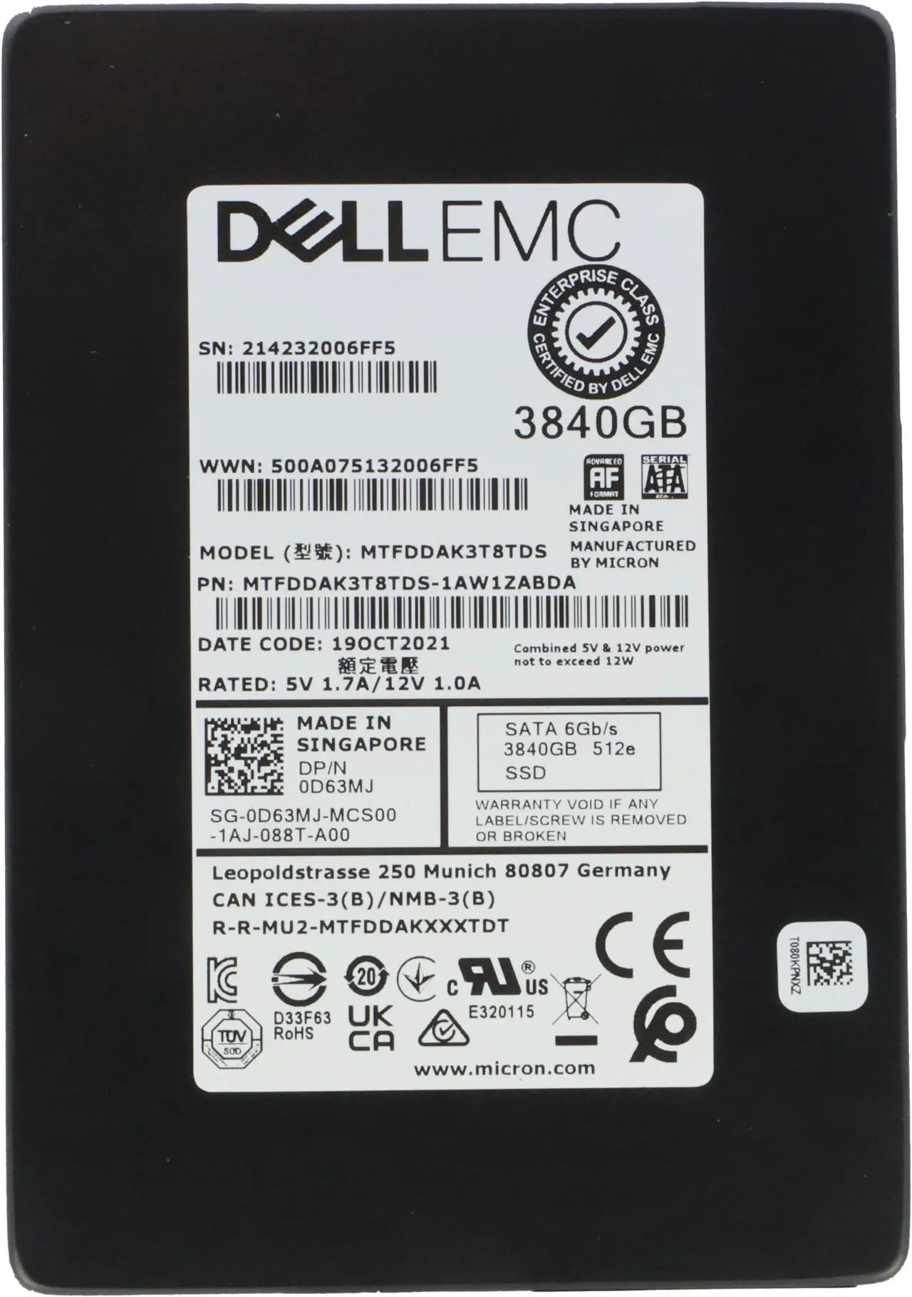 Main image of Dell 400-BDQE 3.84TB 2.5" Read Intensive SATA Cabled SSD Kit, S4510 PHR0P - OEM