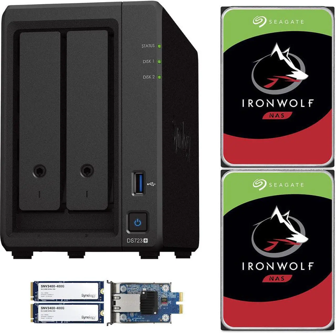 Main image of Synology DS723+ 2-Bay NAS, 2GB RAM, 10GbE Adapter, 800GB (2x400GB) Cache, 8TB (2 x 4TB) of Seagate Ironwolf NAS Drives Fully Assembled and Tested By CustomTechSales