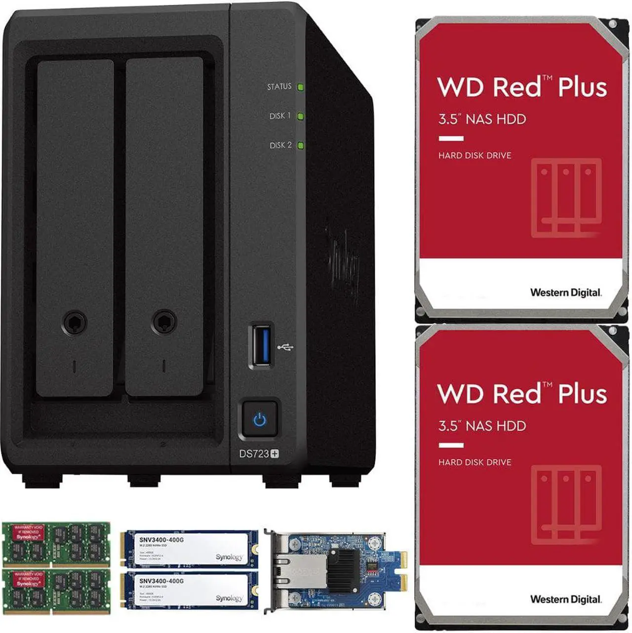 Main image of Synology DS723+ 2-Bay NAS, 8GB RAM, 10GbE Adapter, 800GB (2x400GB) Cache, 16TB (2 x 8TB) of Western Digital Red Plus Drives Fully Assembled and Tested By CustomTechSales