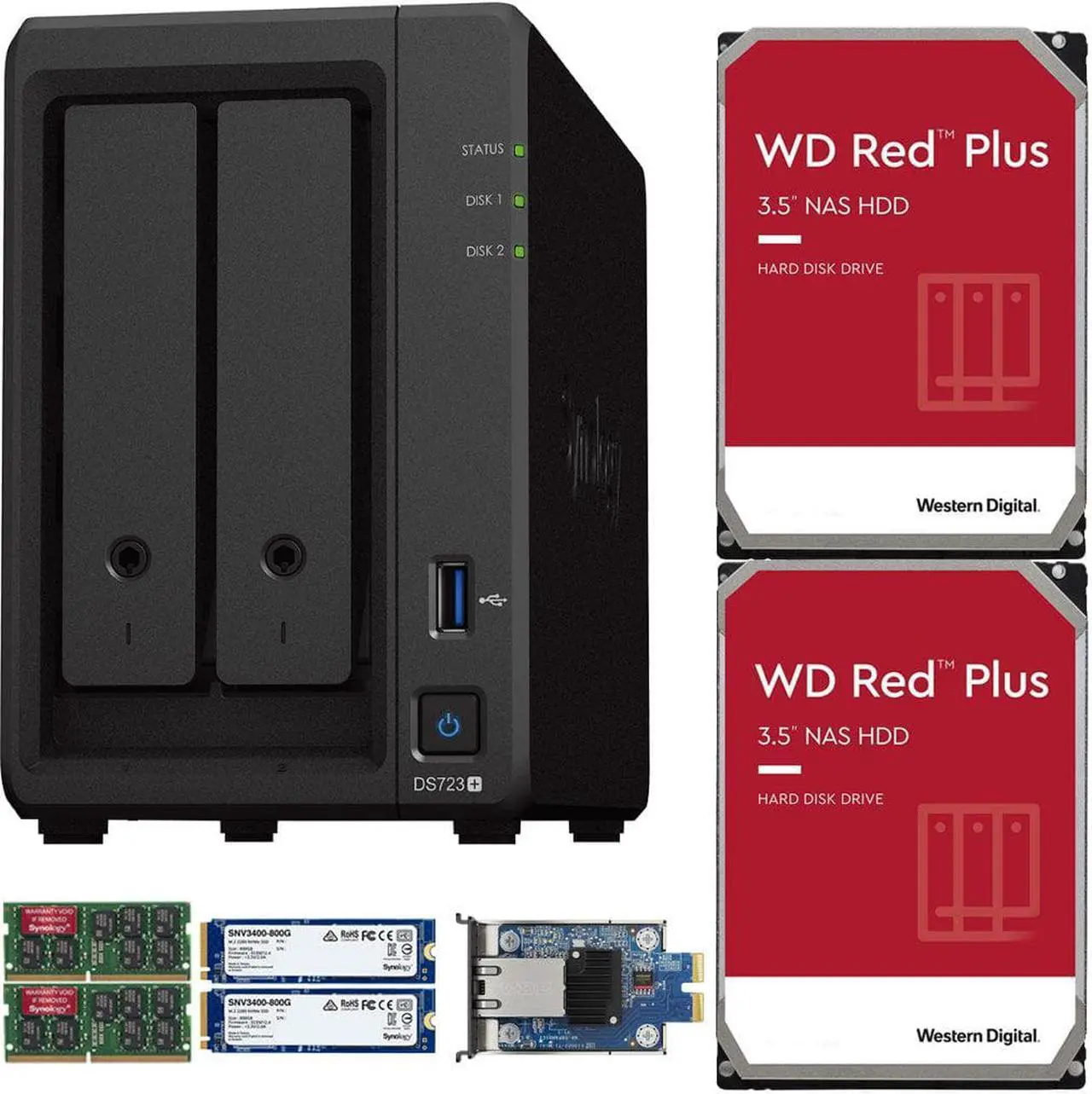 Main image of Synology DS723+ 2-Bay NAS, 8GB RAM, 10GbE Adapter, 1.6TB (2x800GB) Cache, 4TB (2 x 2TB) of Western Digital Red Plus Drives Fully Assembled and Tested By CustomTechSales