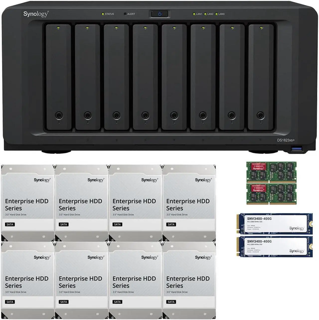 Main image of Synology DS1823xs+ 8-Bay NAS 32GB RAM 800GB (2 x 400GB) Cache and 64TB (8 x 8TB) of Synology Enterprise Drives Fully Assembled and Tested By CustomTechSales