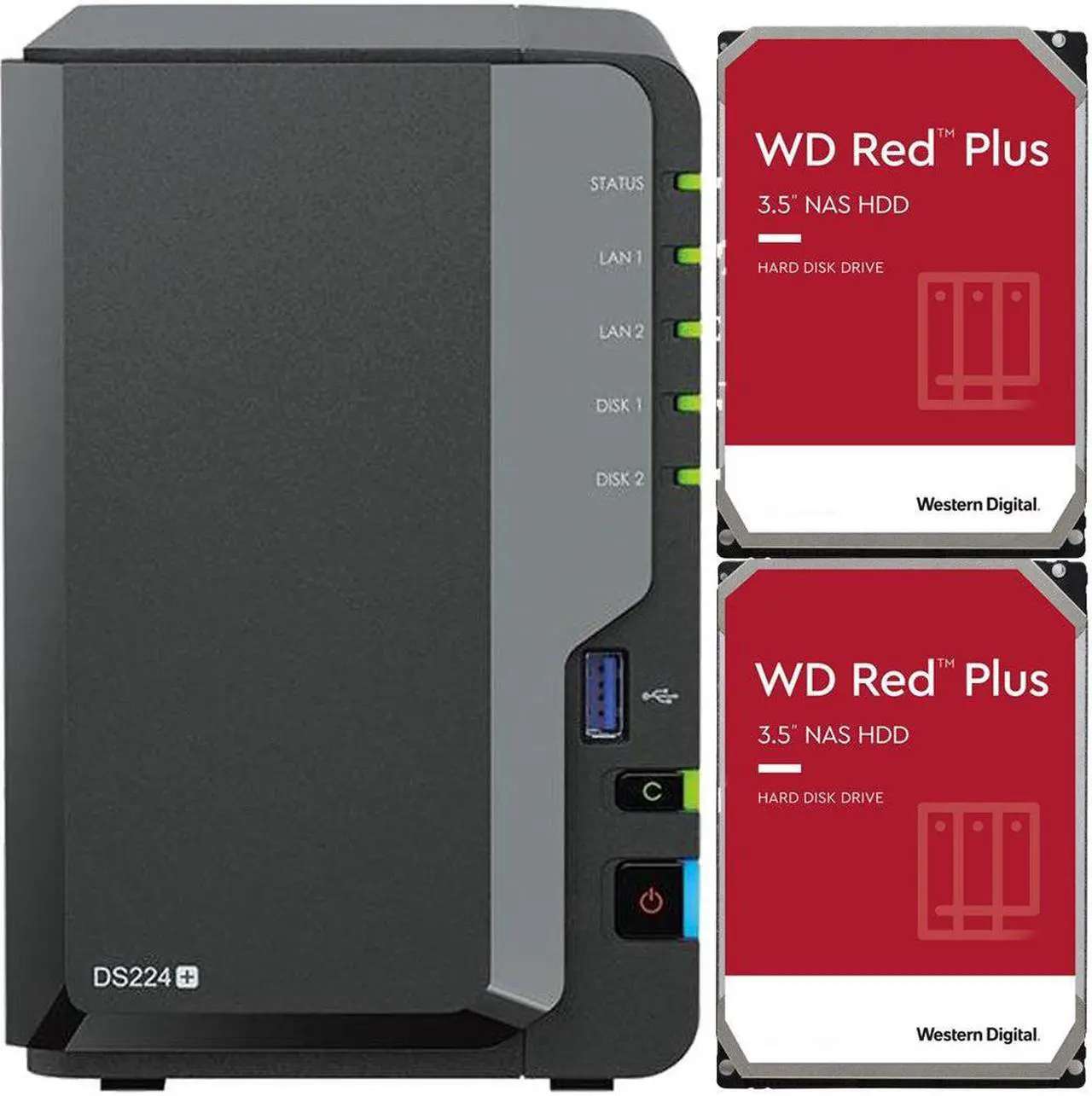 Main image of Synology DS224+ 2-Bay NAS with 2GB RAM and 4TB (2 x 2TB) of Western Digital Red Plus Drives Fully Assembled and Tested By CustomTechSales