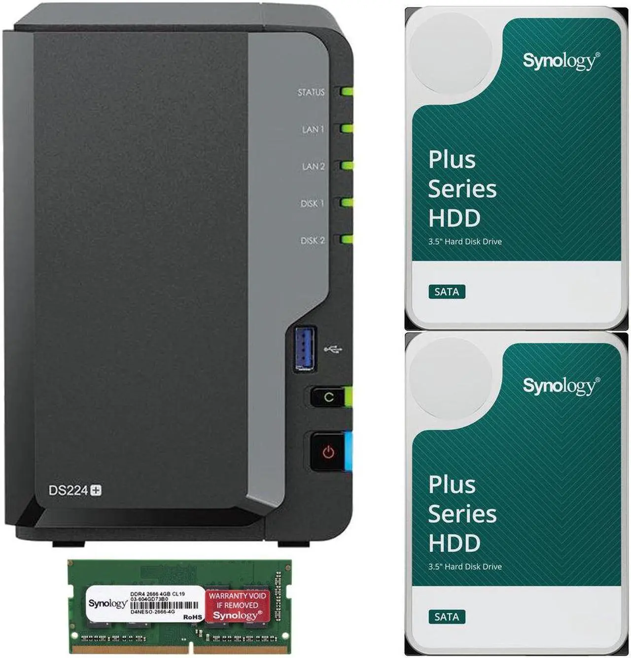 Main image of Synology DS224+ 2-Bay NAS with 6GB RAM and 12TB (2 x 6TB) of Synology Plus Drives Fully Assembled and Tested By CustomTechSales