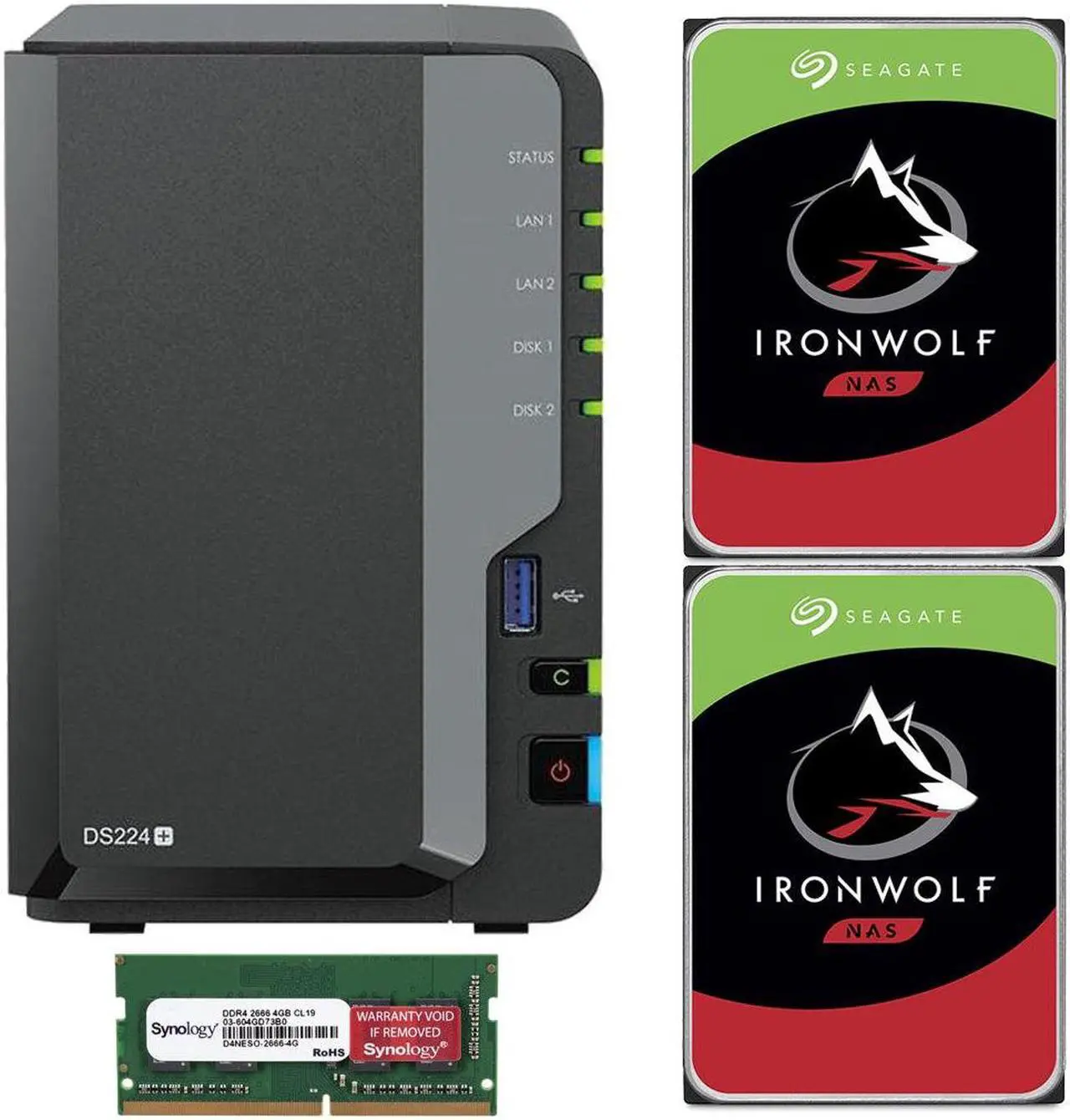 Main image of Synology DS224+ 2-Bay NAS with 6GB RAM and 8TB (2 x 4TB) of Seagate Ironwolf NAS Drives Fully Assembled and Tested By CustomTechSales
