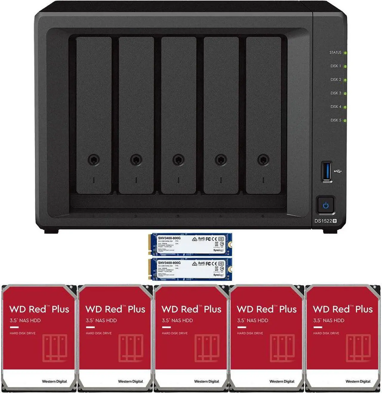 Main image of Synology DS1522+ 5-Bay NAS with 8GB RAM and 20TB (5 x 4TB) of Western Digital Red Plus Drives and 1.6TB (2 x 800GB) Synology Cache Fully Assembled and Tested By CustomTechSales