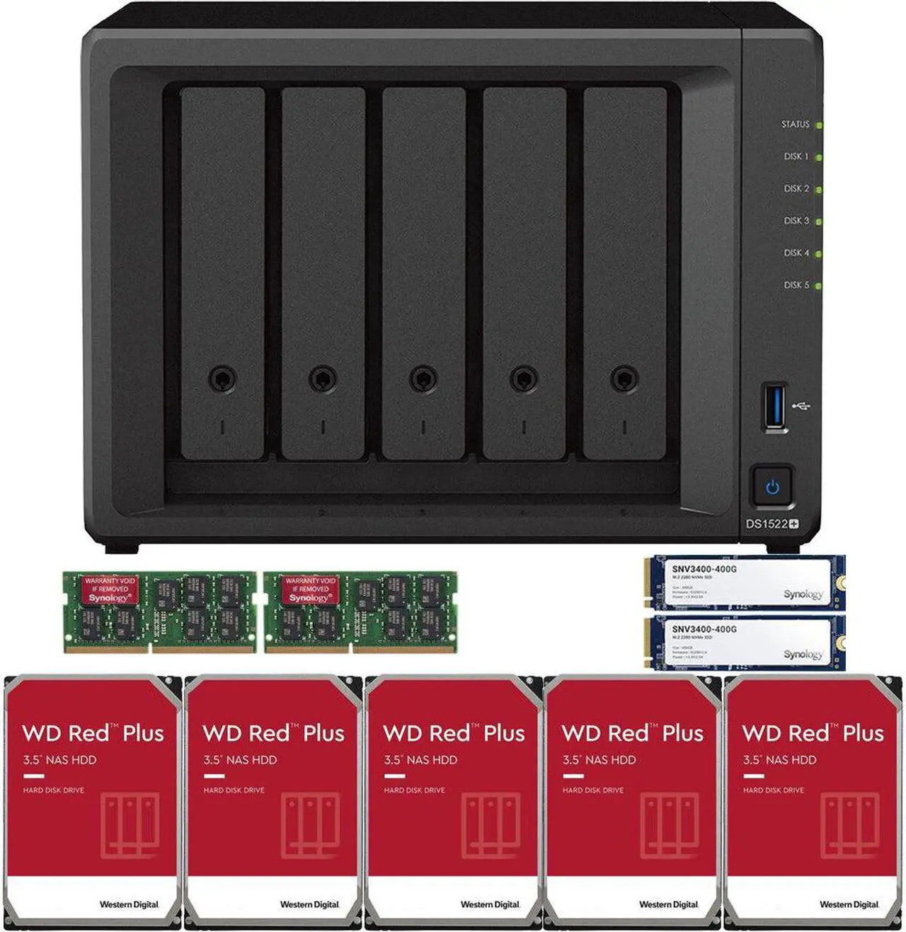 Main image of Synology DS1522+ 5-Bay NAS with 32GB RAM and 30TB (5 x 6TB) of Western Digital Red Plus Drives and 800GB (2 x 400GB) Synology Cache Fully Assembled and Tested By CustomTechSales