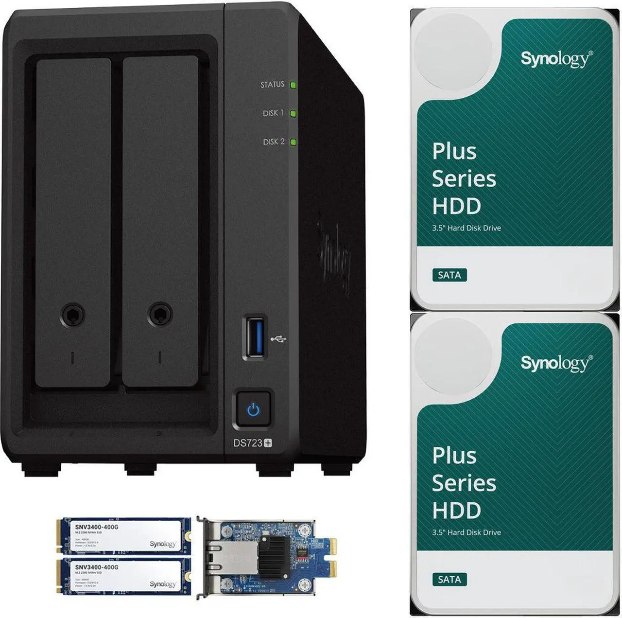 Main image of Synology DS723+ 2-Bay NAS, 2GB RAM, 10GbE Adapter, 800GB (2x400GB) Cache, 8TB (2 x 4TB) of Synology Plus NAS Drives Fully Assembled and Tested By CustomTechSales