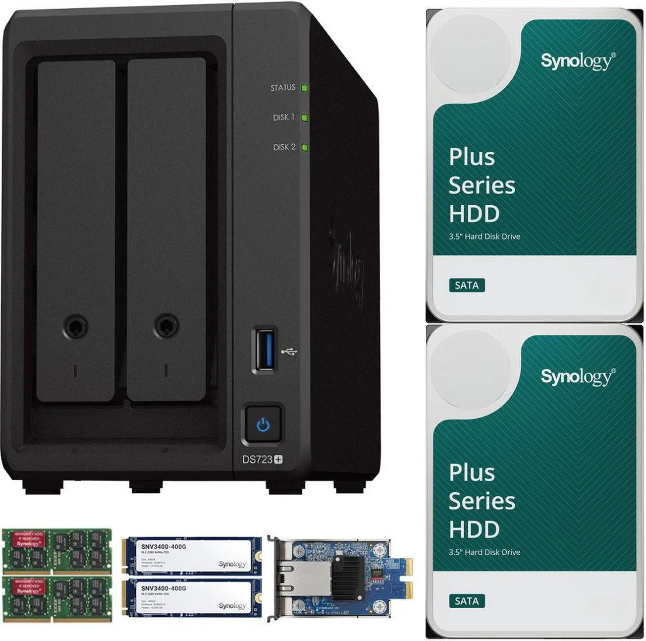 Main image of Synology DS723+ 2-Bay NAS, 8GB RAM, 10GbE Adapter, 800GB (2x400GB) Cache, 12TB (2 x 6TB) of Synology Plus NAS Drives Fully Assembled and Tested By CustomTechSales