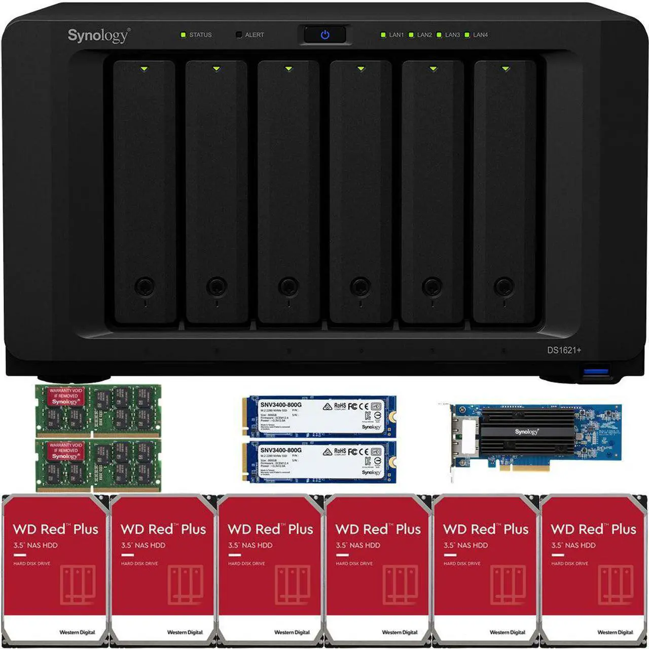 Main image of Synology DS1621+ 6-Bay NAS with 16GB RAM, a 2-port 10GbE Adapter, 24TB (6 x 4TB) of Western Digital Red Plus NAS Drives, 1.6TB (2 x 800GB) Synology Cache Fully Assembled and Tested By CustomTechSales