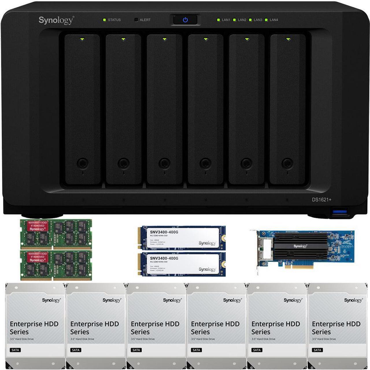 Main image of Synology DS1621+ 6-Bay NAS with 8GB RAM, a 2-port 10GbE Adapter and 72TB (6 x 12TB) of Synology Enterprise Drives and 800GB (2 x 400GB) Synology Cache Fully Assembled and Tested By CustomTechSales