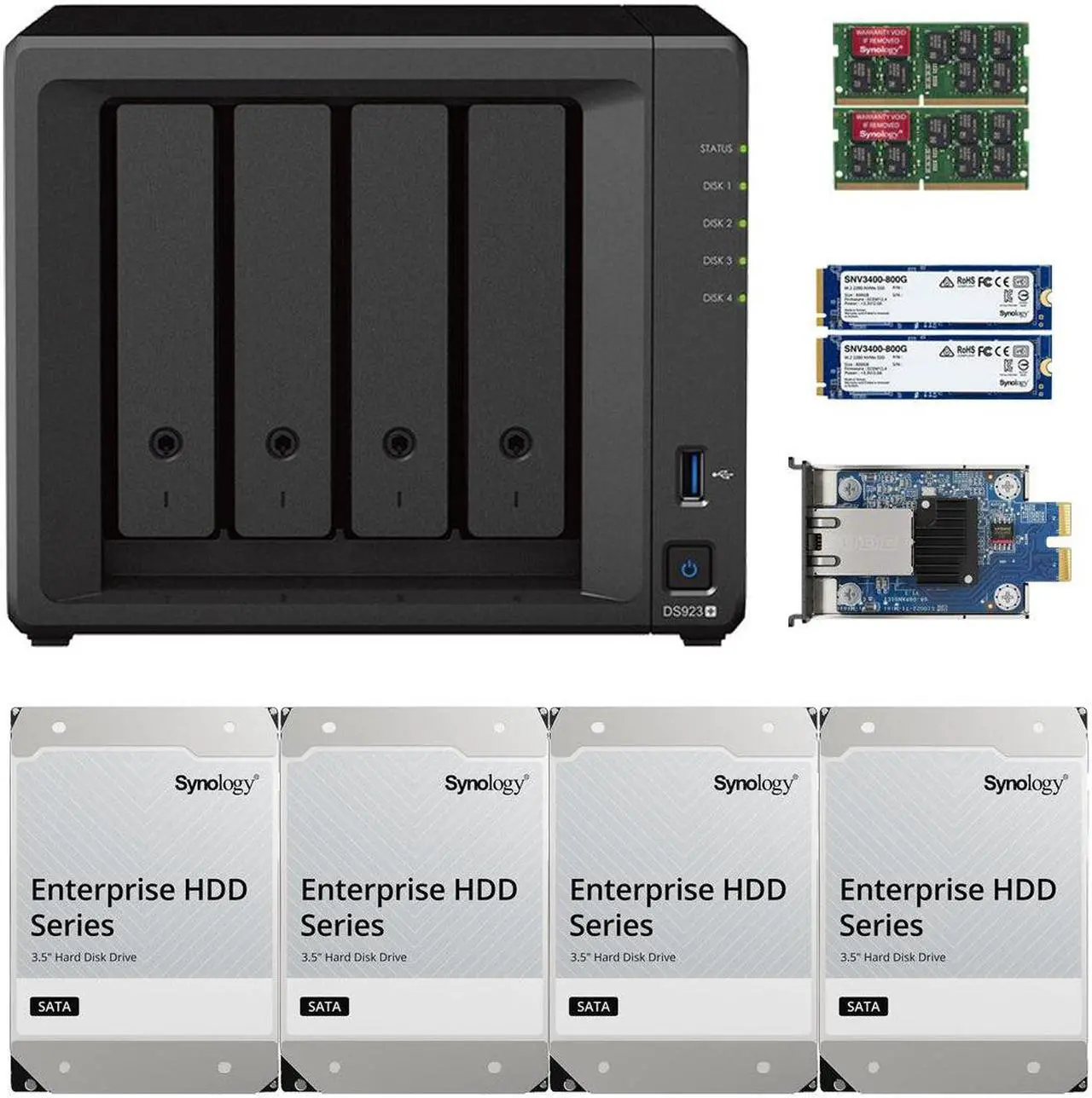 Main image of Synology DS923+ Dual-Core 4-Bay NAS, 32GB RAM, 64TB (4 x 16TB) of Synology Enterprise Drives, 10GbE Adapter,  and 1.6TB (2 x 800GB) Synology Cache Fully Assembled and Tested By CustomTechSales