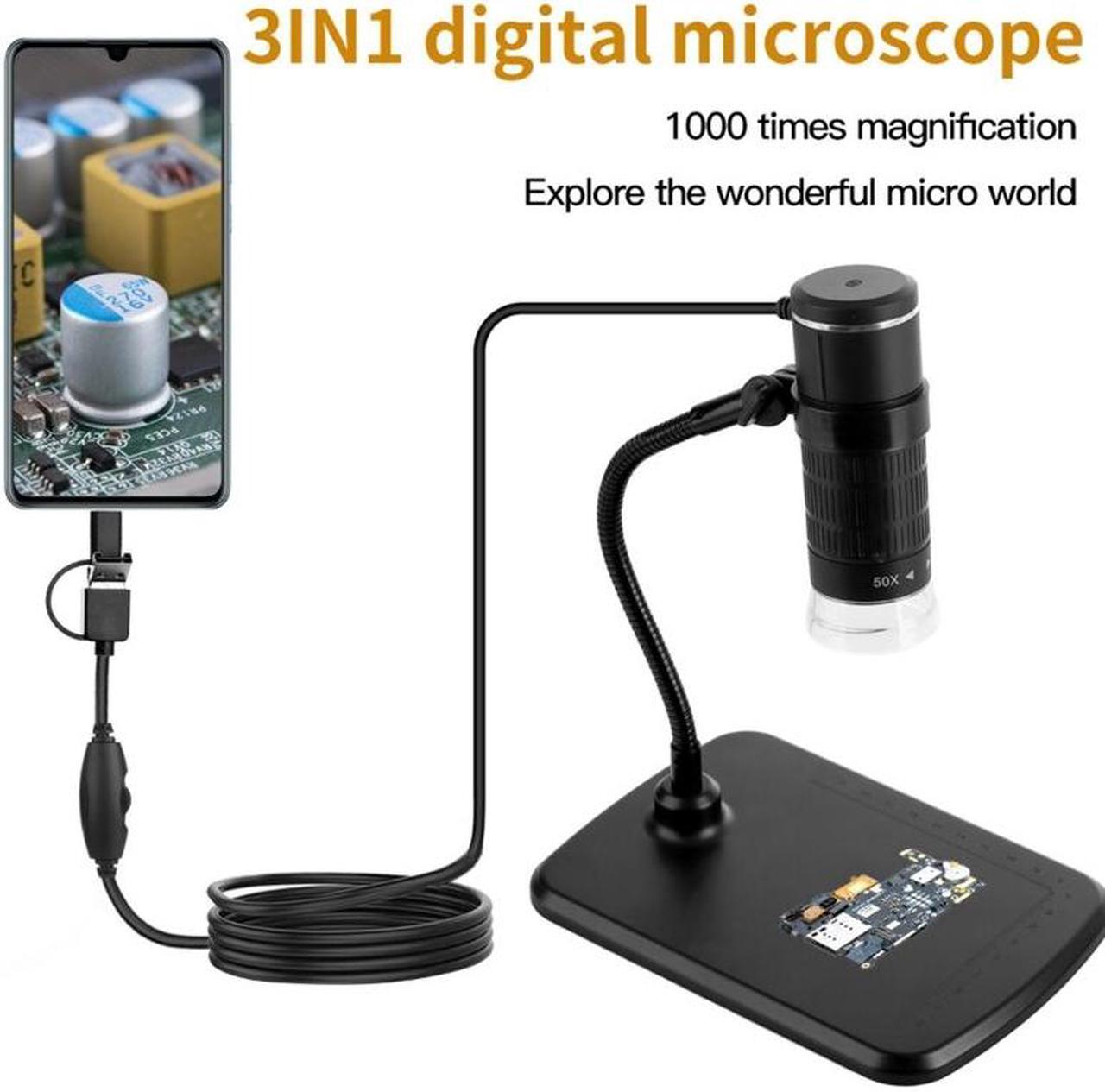 Main image of 50 1000X Mobile Phone Microscope Camera 3in1 USB Type C MicroUSB for Android Phone Windows PC Computer Laptop with Stand