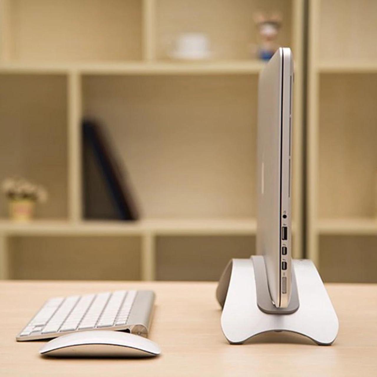 Alt view image 6 of 6 - Aluminum Space saving Laptop Vertical Stand Storage Desktop Erected Holder for MacBook Pro Air Retina Notebook 3 Size Silica Gel