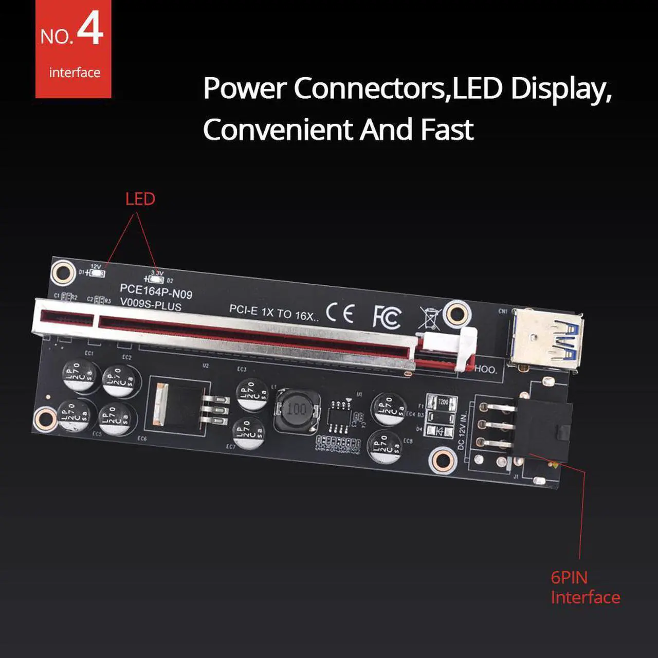 Alt view image 4 of 6 - 4PCS VER009S Plus PCIE Riser Card 009s PCI-E PCI Express Adapter Molex 6Pin SATA USB 3.0 Cable 1X to 16X Extender