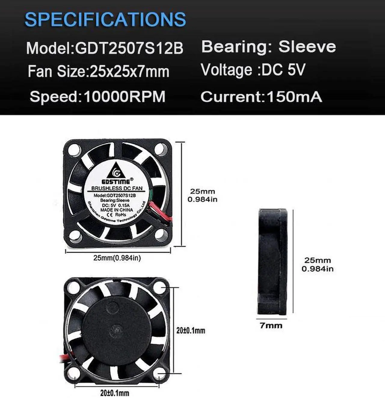 Alt view image 6 of 6 - 2pcs DC Blushless Cooling Fan 25x25x7mm 5V 2Pin Axial Flow Small Mini Cooler 25mm x 7mm 2507S