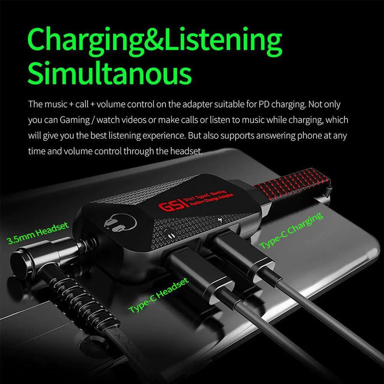 Alt view image 6 of 6 - 3 in 1 Hi-Res Mobile Gaming Sound Card Type C PD QC Fast Charging Gaming Sound Card Charger Adapter For Xiaomi Samsung Huawei