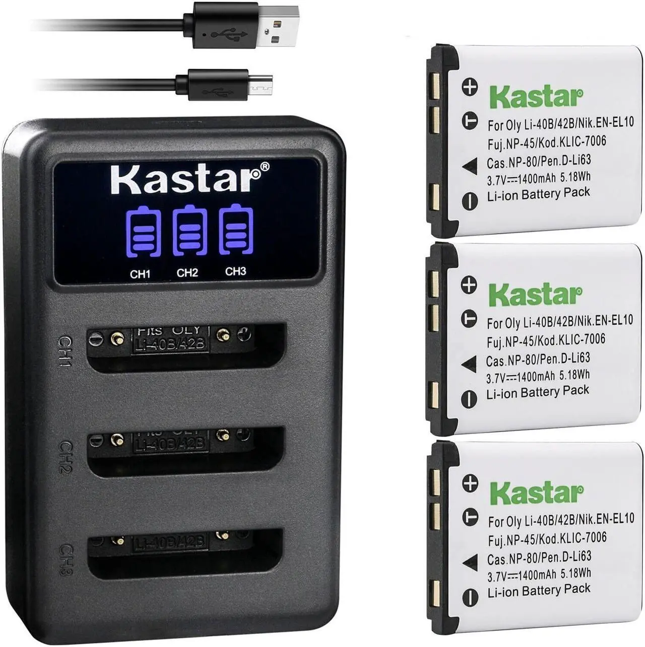 Main image of Kastar 3 Pack Battery and LCD Triple USB Charger Compatible with Olympus Li-40B Li40B, Li-42B Li42B Battery, Olympus LI-40C Li-40C Charger