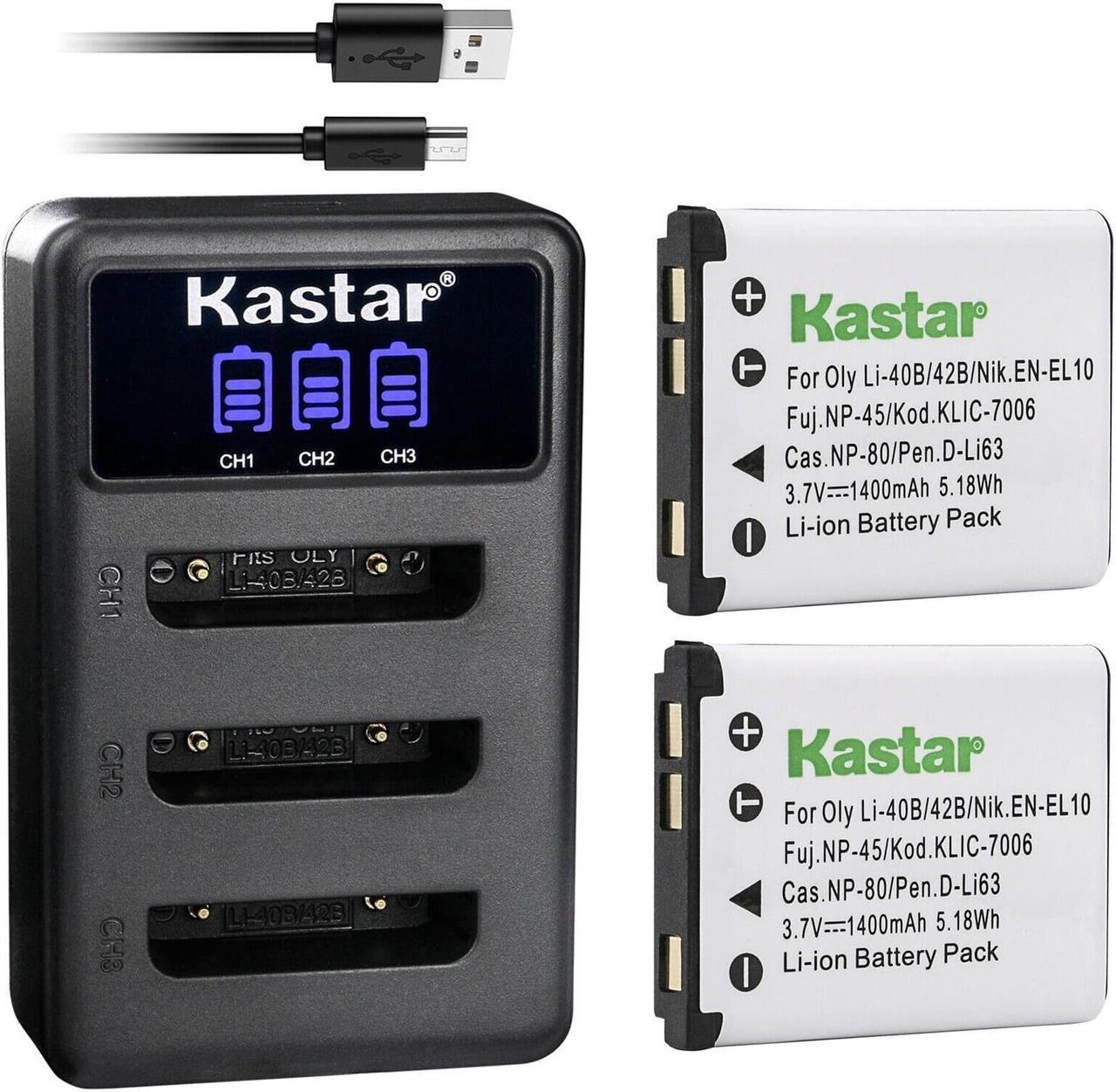 Main image of Kastar 2 Pack Battery and LCD Triple USB Charger Compatible with Olympus Li-40B Li40B, Li-42B Li42B Battery, Olympus LI-40C Li-40C Charger