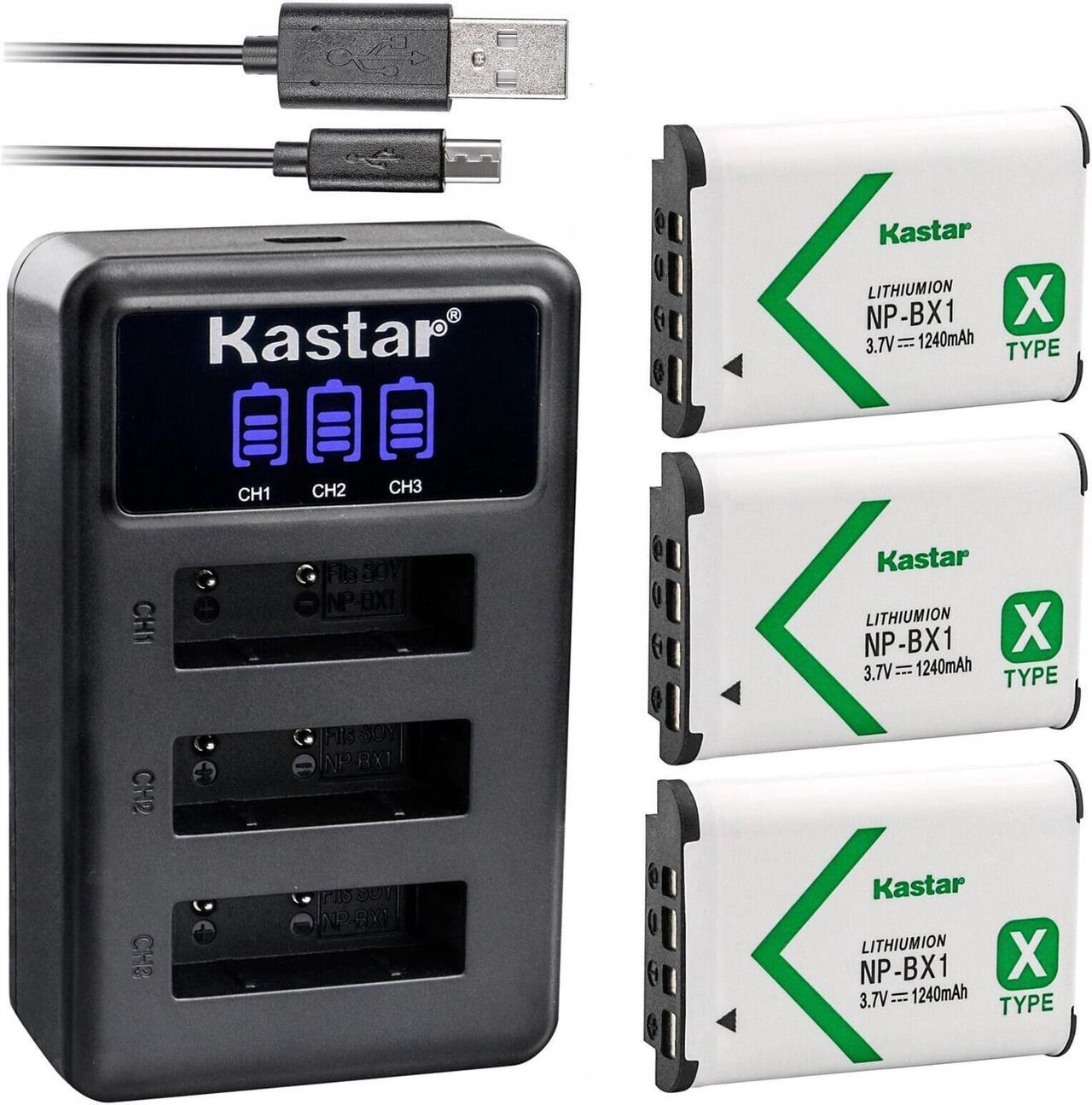 Main image of Kastar 3 Pack NP-BX1 Battery and LCD Triple USB Charger Compatible with Sony NP-BX1, Type X, X-Series Rechargeable Battery Pack, Sony BC-CSX, BC-CSXB, BC-TRX, ACC-TRBX Charger, Shooting Grip VCT-SGR1