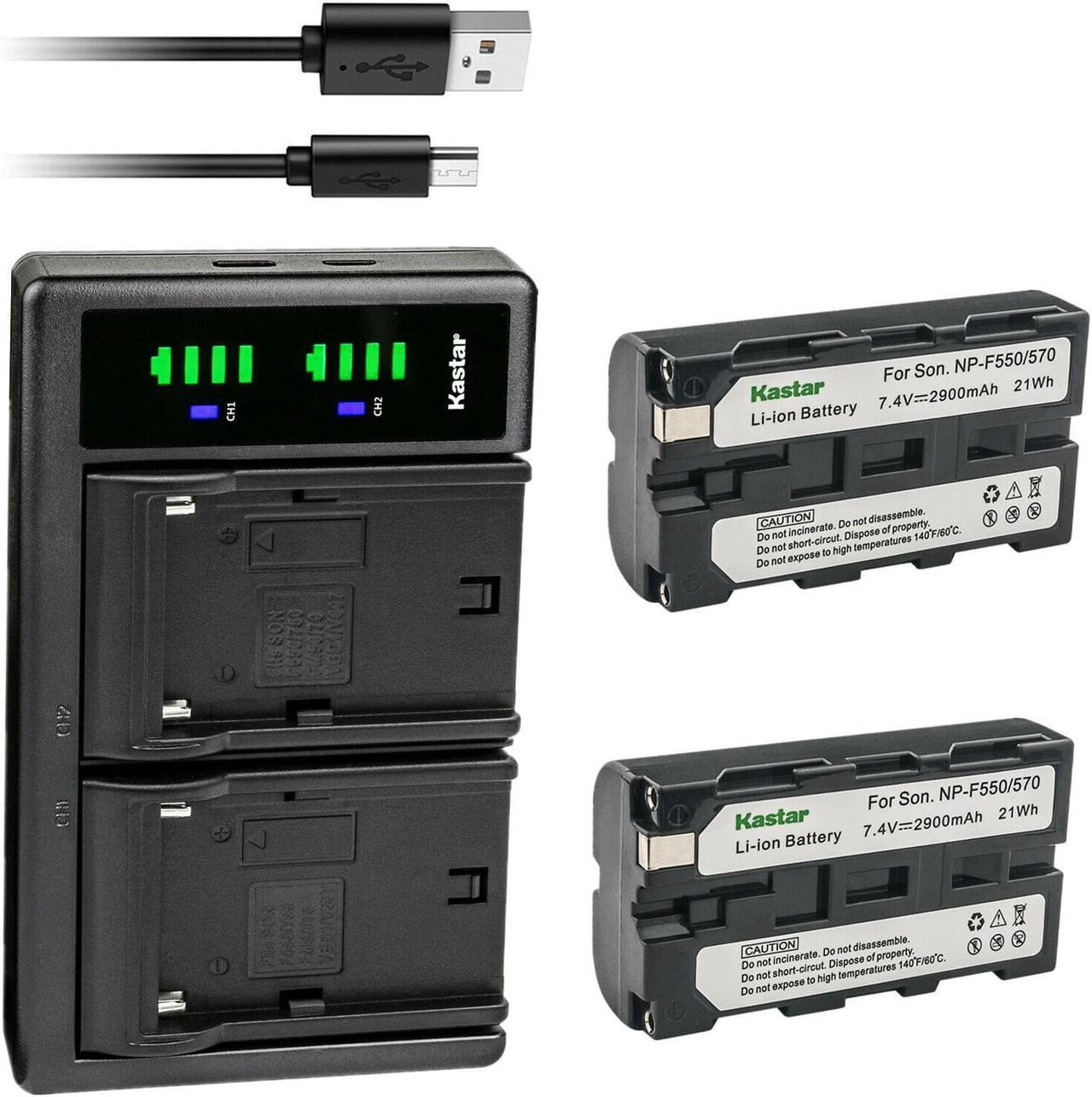 Main image of Kastar 2-Pack NP-F550/F570 Battery and LTD2 USB Charger Replacement for Sony NP-F330 NP-F550  NP-F570 NP-F750, NP-F770, NP-F930 NP-F950 NP-F960 NP-F970 Battery, Sony BC-VM10 BC-VM50 BC-V615 Charger