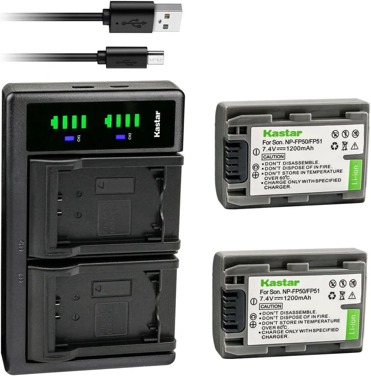 Main image of Kastar 2-Pack Battery NP-FP51  and LTD2 USB Charger Replacement for Sony DCR-SR50, DCR-SR60, DCR-SR70, DCR-SR80, DCR-SR90, DCR-SR100, HDR-HC3, HDR-HC3E, DCR-DVD103, DCR-DVD105, DCR-DVD202, DCR-DVD203