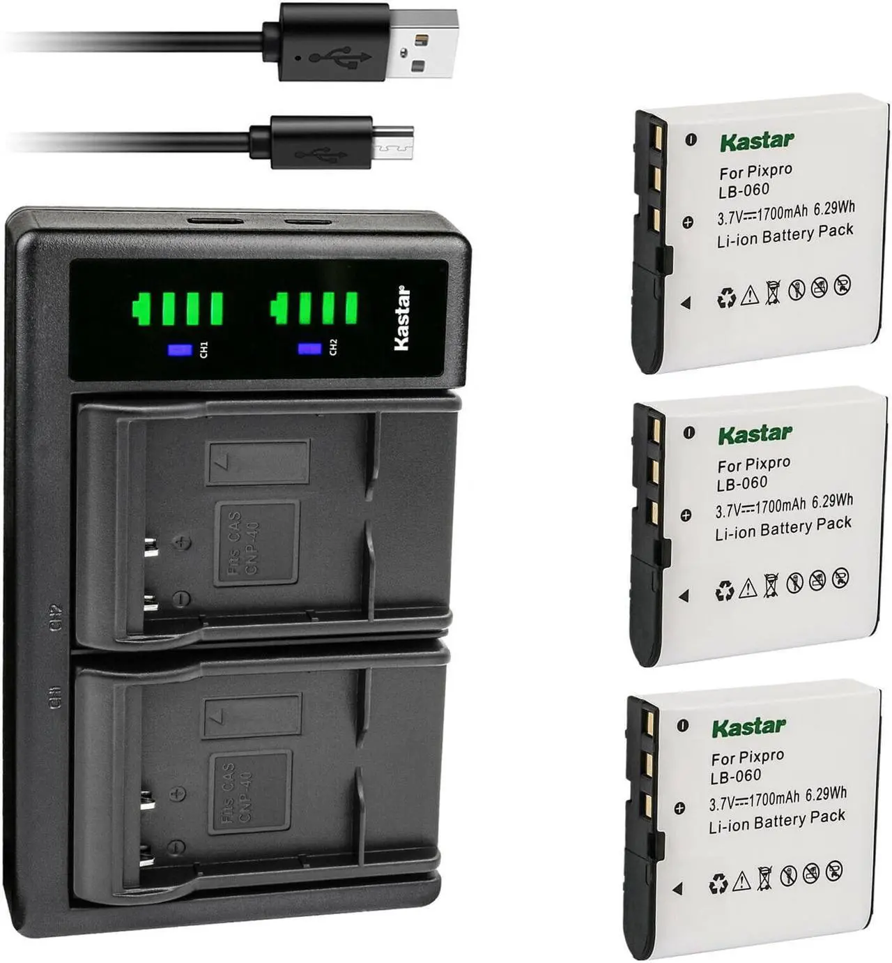 Main image of Kastar 3-Pack Battery and LTD2 USB Charger Replacement for HP V5060, V5060H, V5061, V5061U, V556, V556AU, V5560, V5560U, V5560AU, HP D3500, HP SKL-60, Benq Dli-202, DLi202
