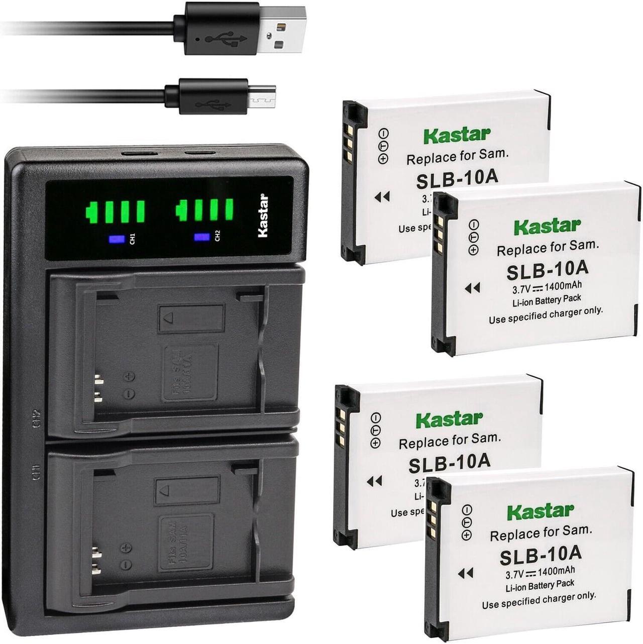 Main image of Kastar 4-Pack SLB-10A Battery and LTD2 USB Charger Replacement for Samsung P800, P1000, PL50, PL51, PL55, PL60, PL65, PL70, SL102, SL202, SL310, SL420, SL502, SL620, SL720, SL820, ST1000, TL9, WB150F