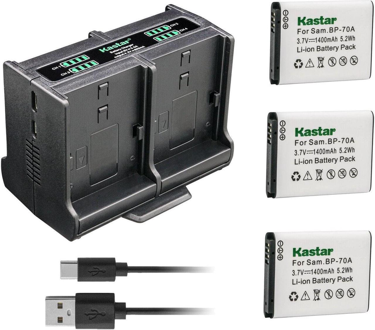 Main image of Kastar 3-Pack BP-70A Battery and Quadruple Charger Compatible with Samsung ES78, ES80, ES81, ES90, ES91, ES95, ES96, ES99, MV800, PL100, PL101, PL120, PL121, PL170, PL171, PL20, PL200, PL201 Camera