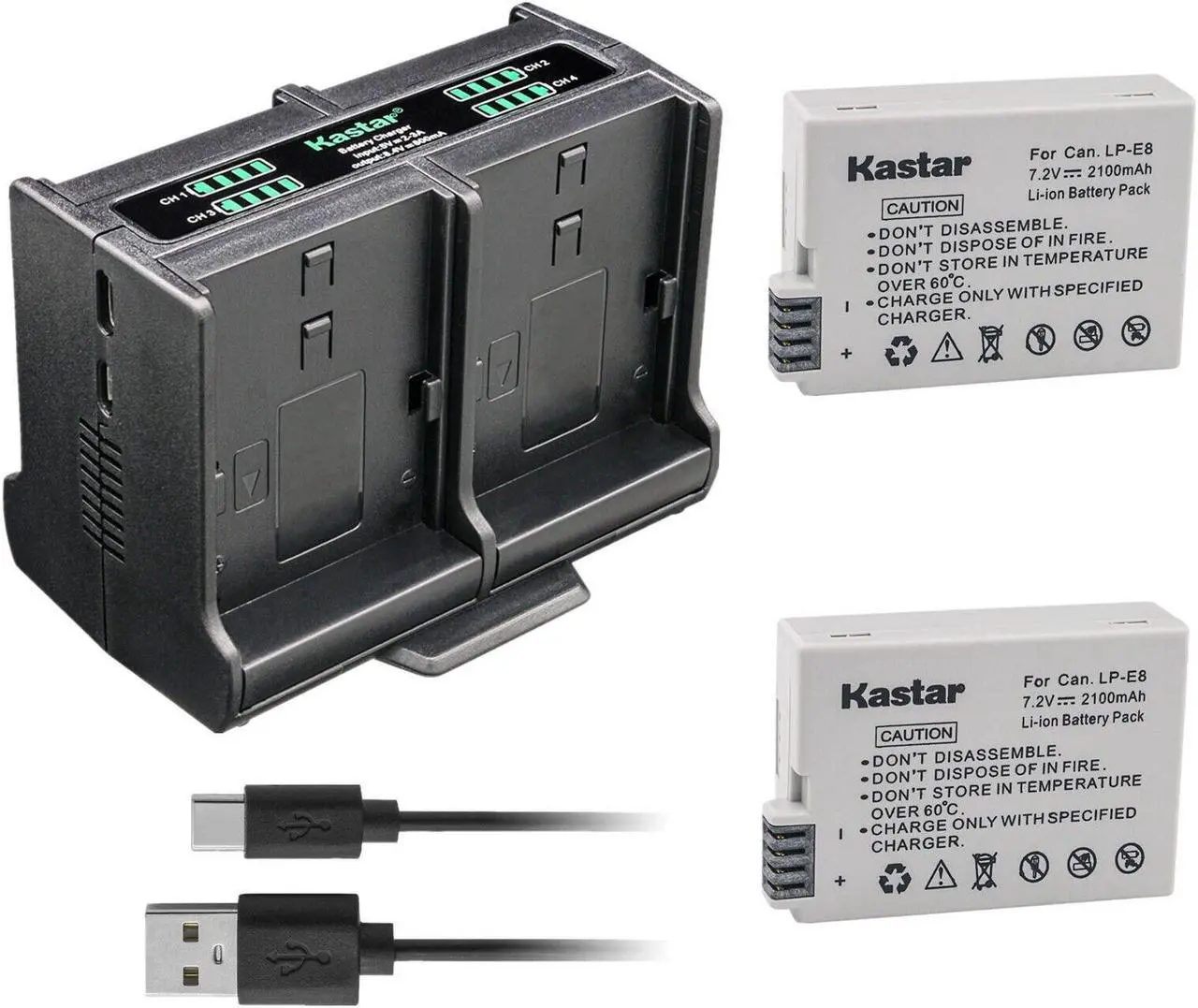 Main image of Kastar 2-Pack Battery and Quadruple Charger Compatible with Canon LP-E8 LPE8 Battery, LC-E8 LC-E8E Charger, EOS T2i T3i T4i T5i 550D 600D 650D 700D Kiss X4 X5 X6 Camera, BG-E8 Camera Grip