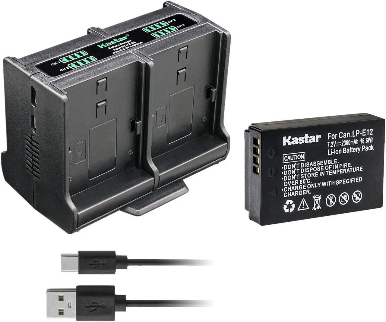 Main image of Kastar 1-Pack LP-E12 Battery and Quadruple Charger Compatible with Canon EOS 100D, EOS M, EOS M2, EOS M10, EOS M50, EOS M50 Mark II, EOS M100, EOS M200, EOS Rebel SL1, PowerShot SX70 HS Camera