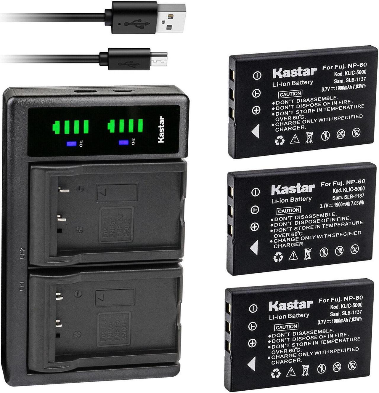 Main image of Kastar 3-Pack Battery and LTD2 USB Charger Replacement for Casio NP-30 NP-30DBA BC-20, Panasonic CGA-S301 CGA-S302A VW-VBA10 VW-VBA20 VW-VBA21 CA-PD8D, Pentax D-L12 D-Li2 D-Li7 D-BC2