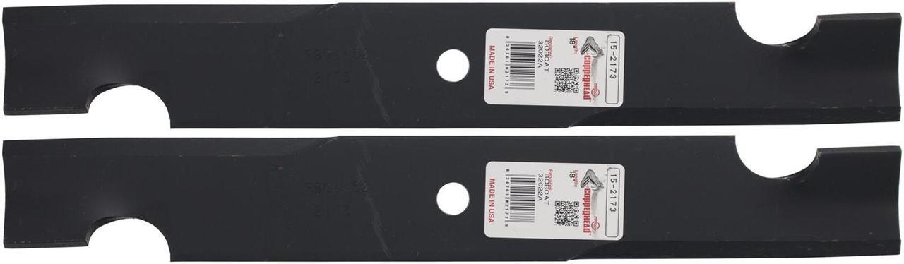 Main image of 2 Rotary® 2173 Mower Blades for Bad Boy® 038-5202-00 Bobcat® 32022A Exmark® 1633482 Snapper® 1988564 Toro® 103-2528 Length 18 Width 2-1/2 Thickness .240 Center Hole 5/8 Fits 36 52" and 54" Decks