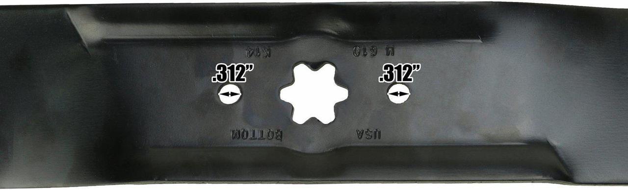 Alt view image 6 of 7 - 6 USA Mower Blades MTD610MBP Extra High-Lift Mulching Blade for MTD 4720610 490-110-M114 7420610 742-0610A Length 19-5/16 in. Width 2-3/4 in. Thickness .150 in. Center Hole 6 Point Star 38 in. Deck