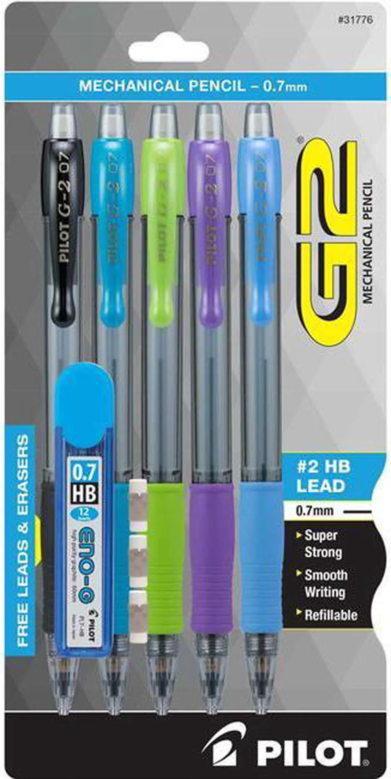 Main image of Pilot Pen 31776 0.7 mm Mechanical Pencil with Lead & Erasers - Black, Lime, Purple, Turquoise & Periwinkle, Pack of 5