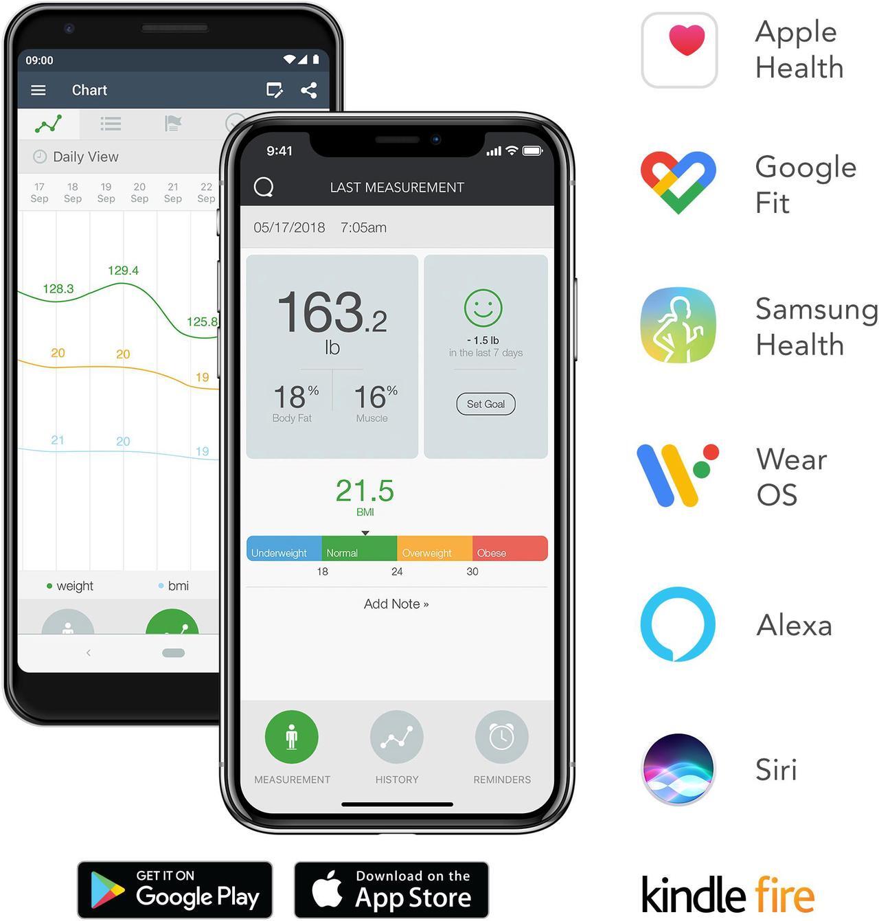 Alt view image 5 of 7 - QardioBase 2 WiFi Smart Scale and Body Analyzer: monitor weight, BMI and body composition, easily store, track and share data. Free app for iOS, Android, Kindle. Works with Apple Health.