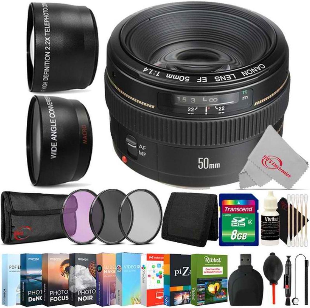 Main image of Canon EF 50mm f/1.4 USM Lens + 58mm Filter Kit + Tele&Wide Angle Lens + Photo & Video Software Bundle + 8GB Memory Card + Wallet + Card Reader + Lens Pen + Dust Blower + Lens Cap Holder + 3pc Cleaning