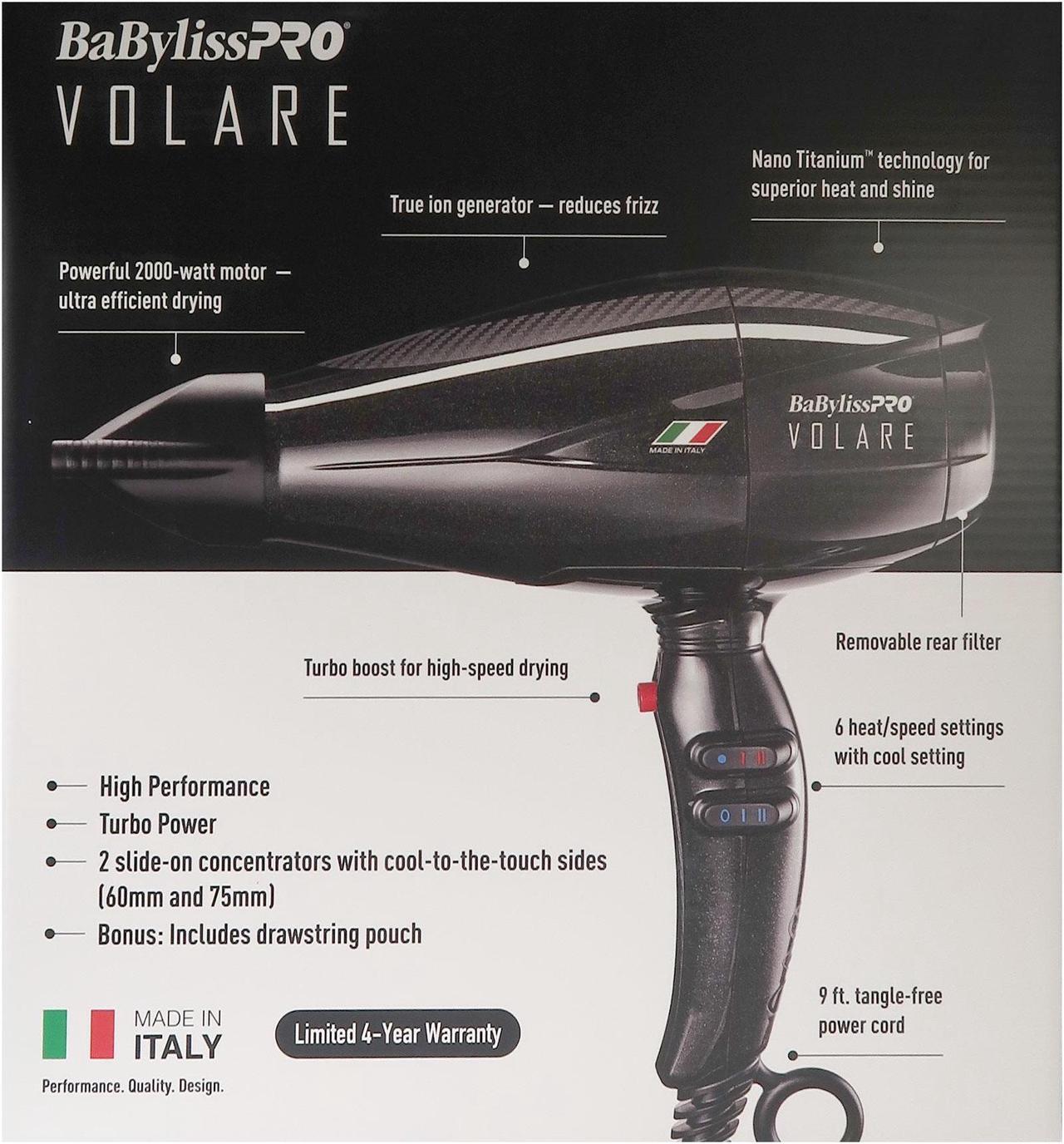 Alt view image 4 of 6 - BaByliss Pro Volare Nano Titanium Professional Quality Italian Performance Hair Dryer 2000-Watt Blow Dryer (Black) #BVOL1