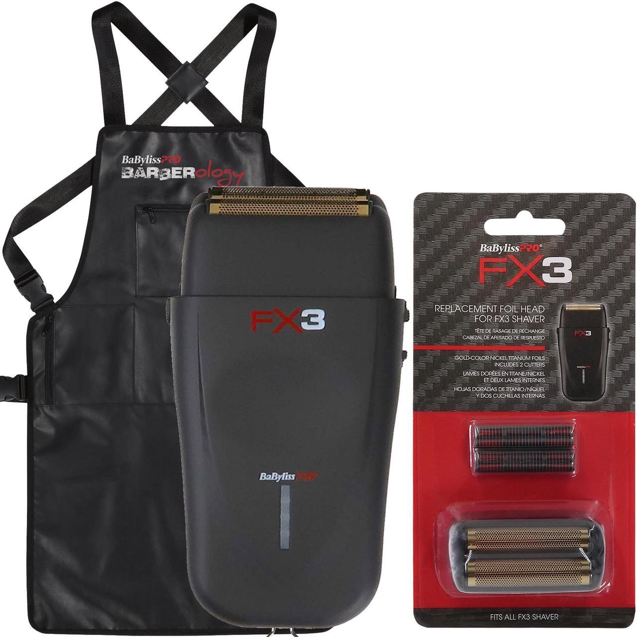 Main image of BaByliss Pro FX3 Professional High-Speed Foil Shaver Black #FXX3SB with BaByliss Pro FX3 Replacement Foil Head for FX3 Shaver #FXX3RFB and Barber Apron