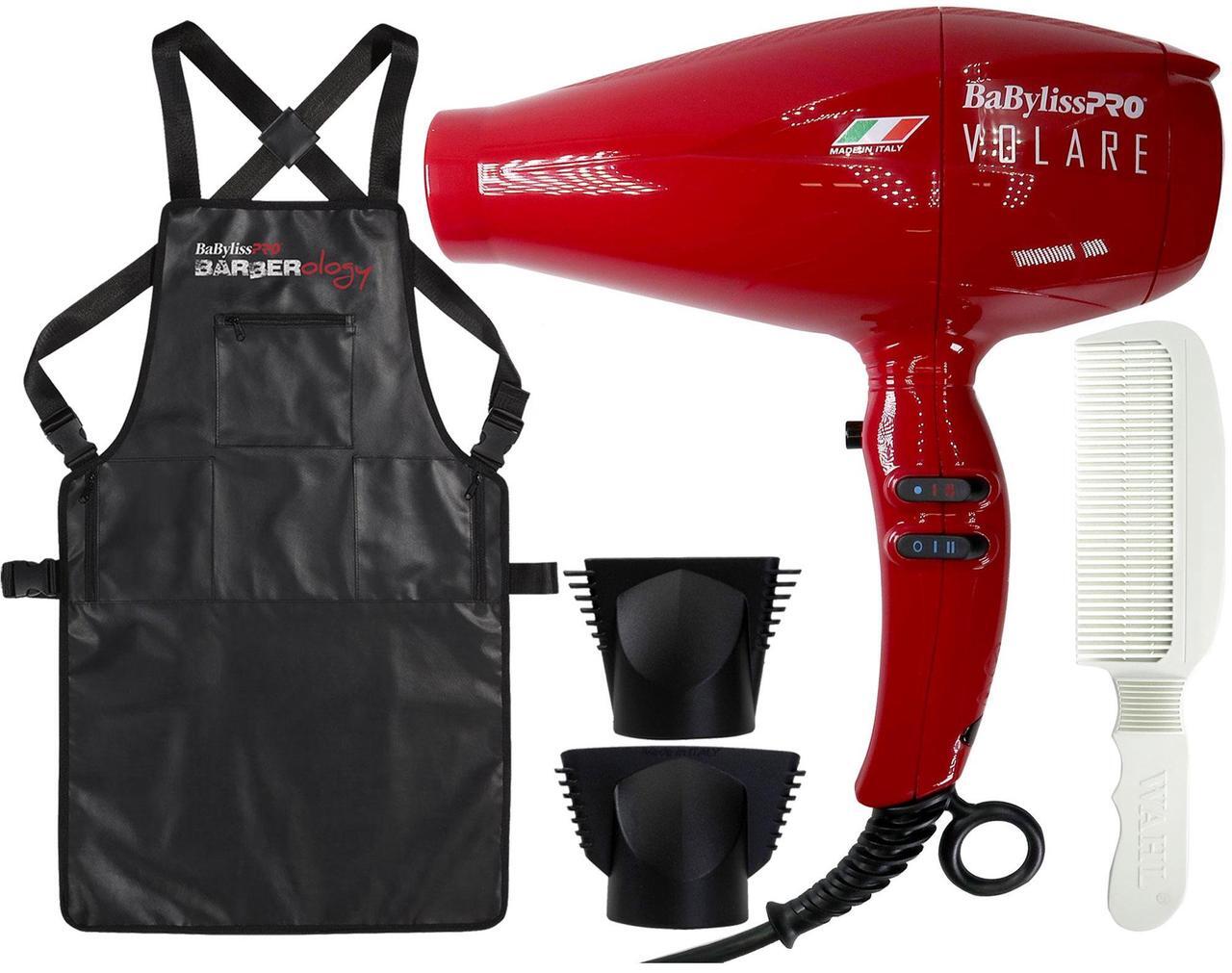 Main image of BaByliss Pro Volare Nano Titanium Italian Performance Hair Dryer 2000-Watt Blow Dryer (Red) #BRVOL1 with Barber Apron and Wahl Flat Top Comb White