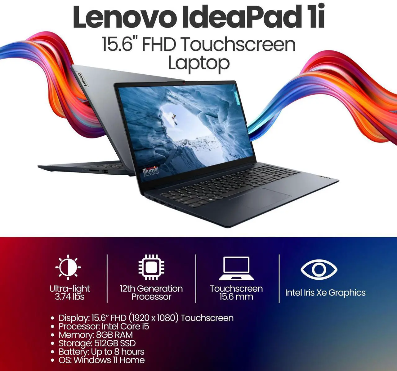 Alt view image 2 of 7 - Lenovo IdeaPad 1 15.6" FHD Touchscreen Laptop - Intel Core i5 - 8GB Memory with 512GB SSD Storage (Abyss Blue) + Sennheiser MKE 200 Mobile Kit