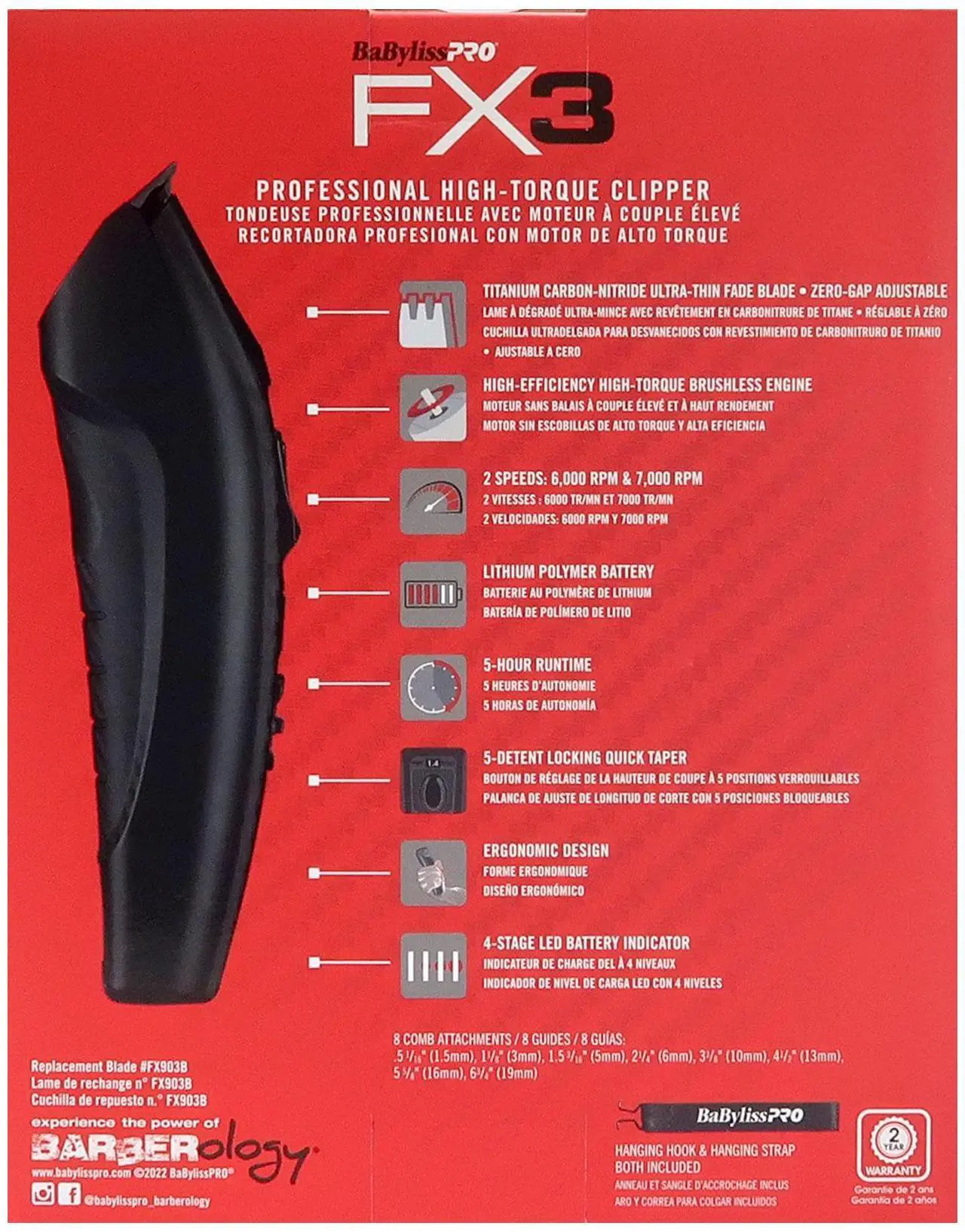 Alt view image 5 of 7 - BaByliss Pro FX3 High Torque Cordless Clipper FXX3CB with FX3 Professional High Torque Trimmer FXX3TB