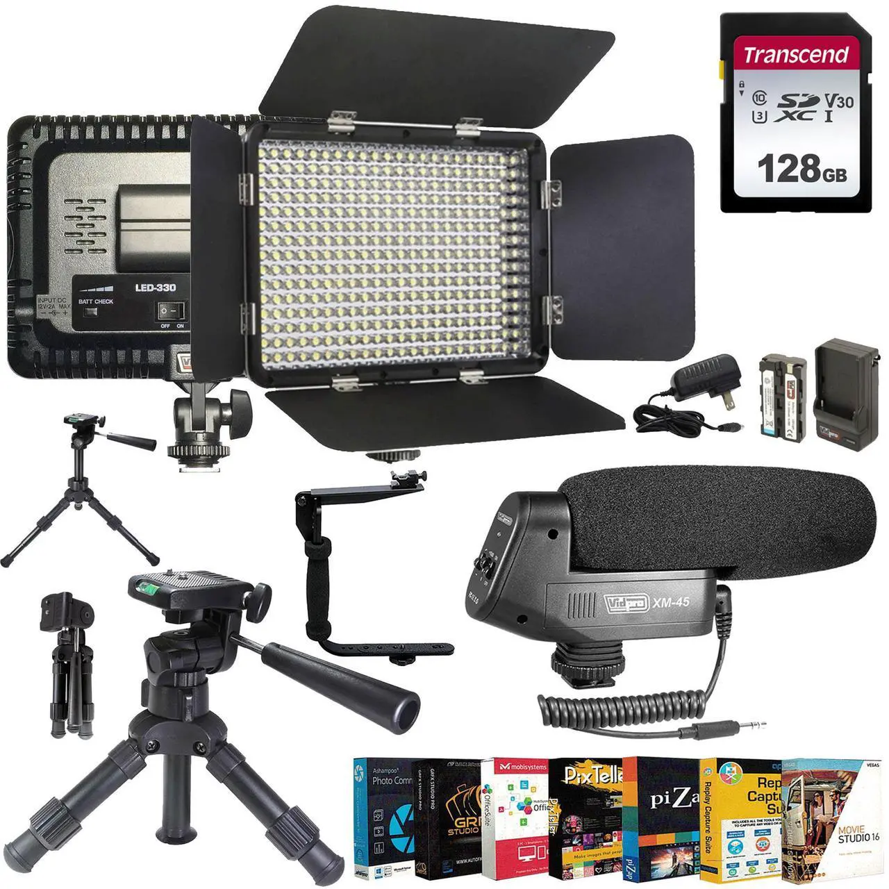 Main image of Ultimate Content Creator Studio Kit  LED Lighting, Shotgun Mic, 128GB SD Card, Tripod, Editing Suite & Flash Bracket