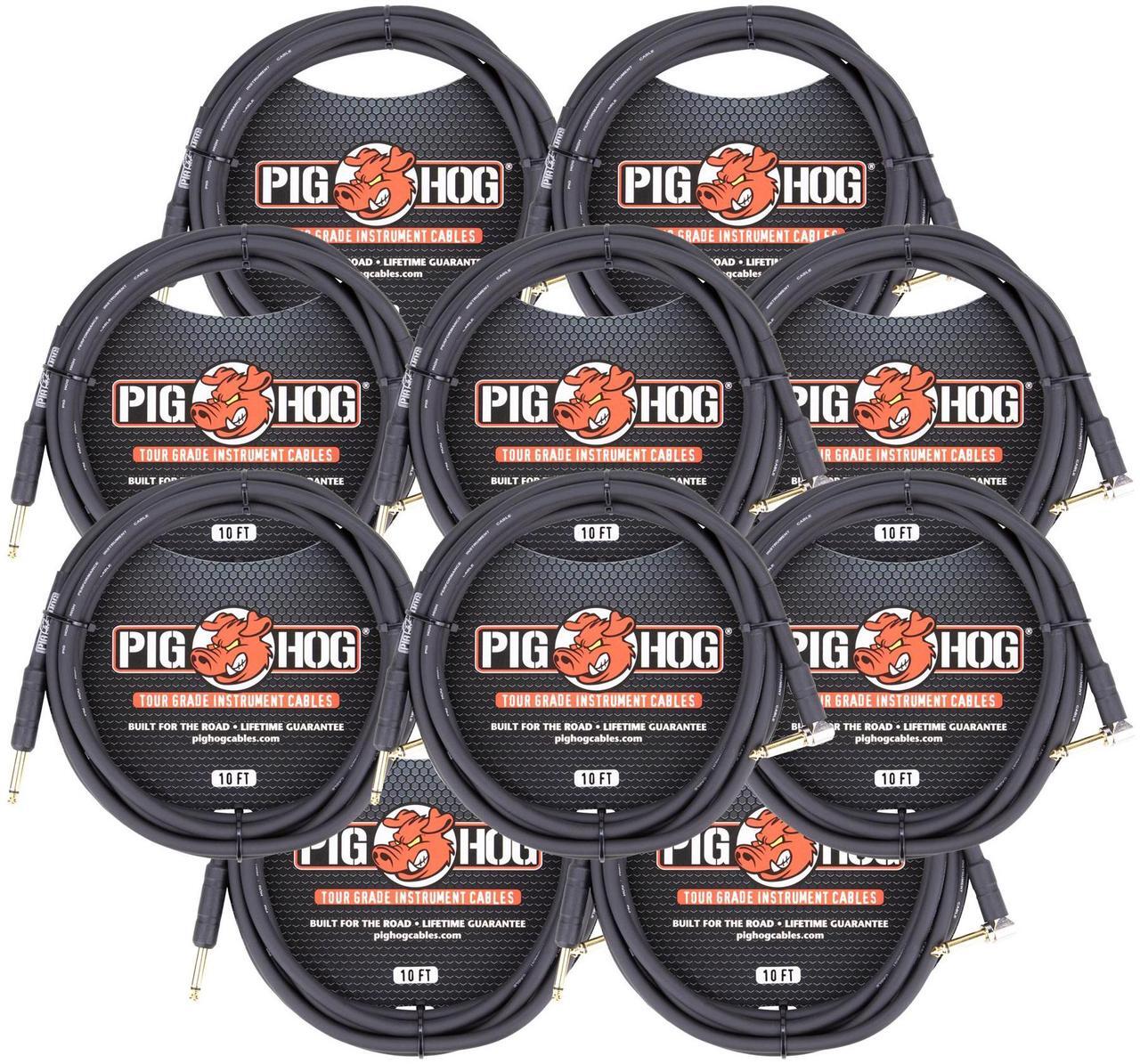 Main image of Pig Hog Tour Grade 10ft Instrument Cable 1/4" to 1/4" Right Angle to Straight Connectors (PH10R) - 10 Pack