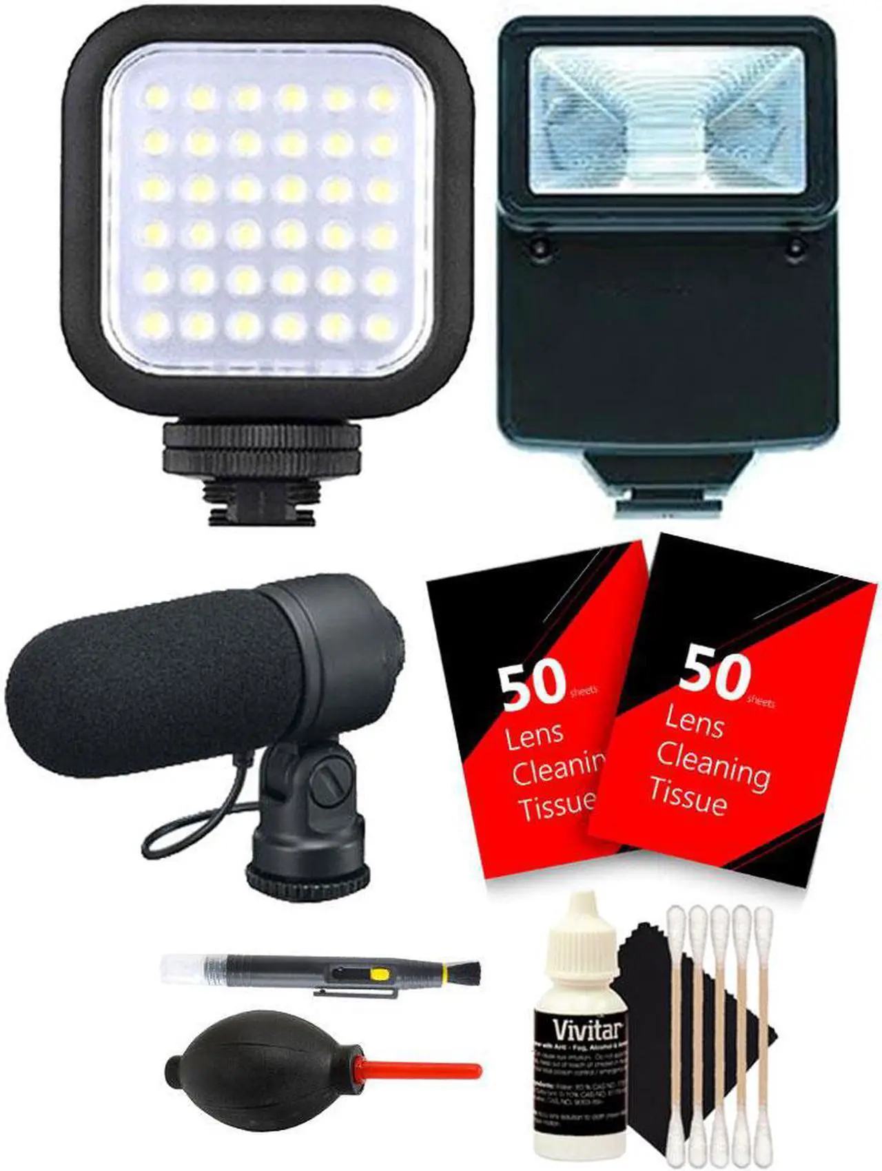 Main image of Vivitar Compact LED Light + Slave Flash + Microphone + Top Cleaning Kit for NIKON D3300 D3200 D3100 D5500 D5300 D5200 D5100 Camera
